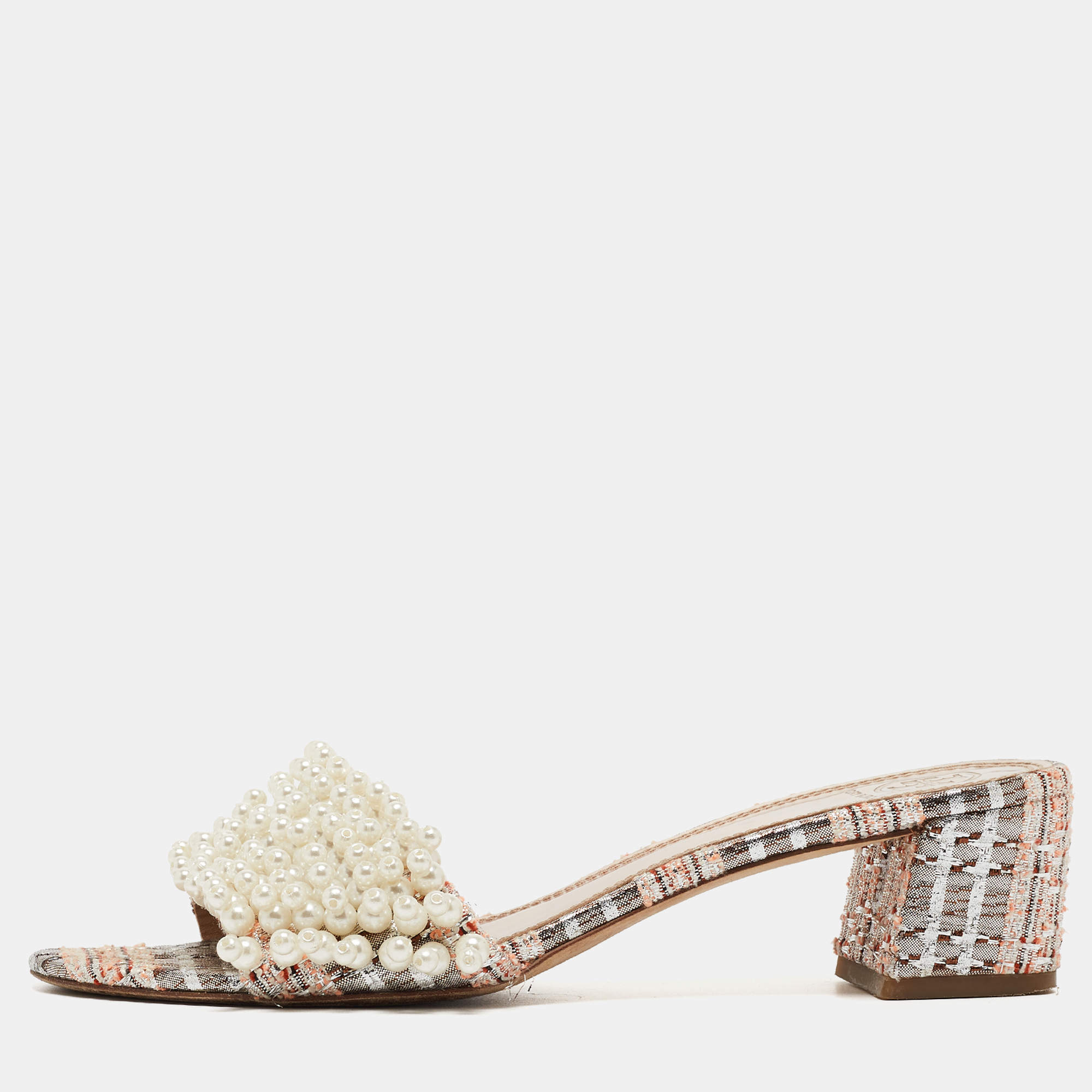 Pre Owned Tory Burch Multicolor Fabric and Tatiana Pearl Slide Sandals Size 39