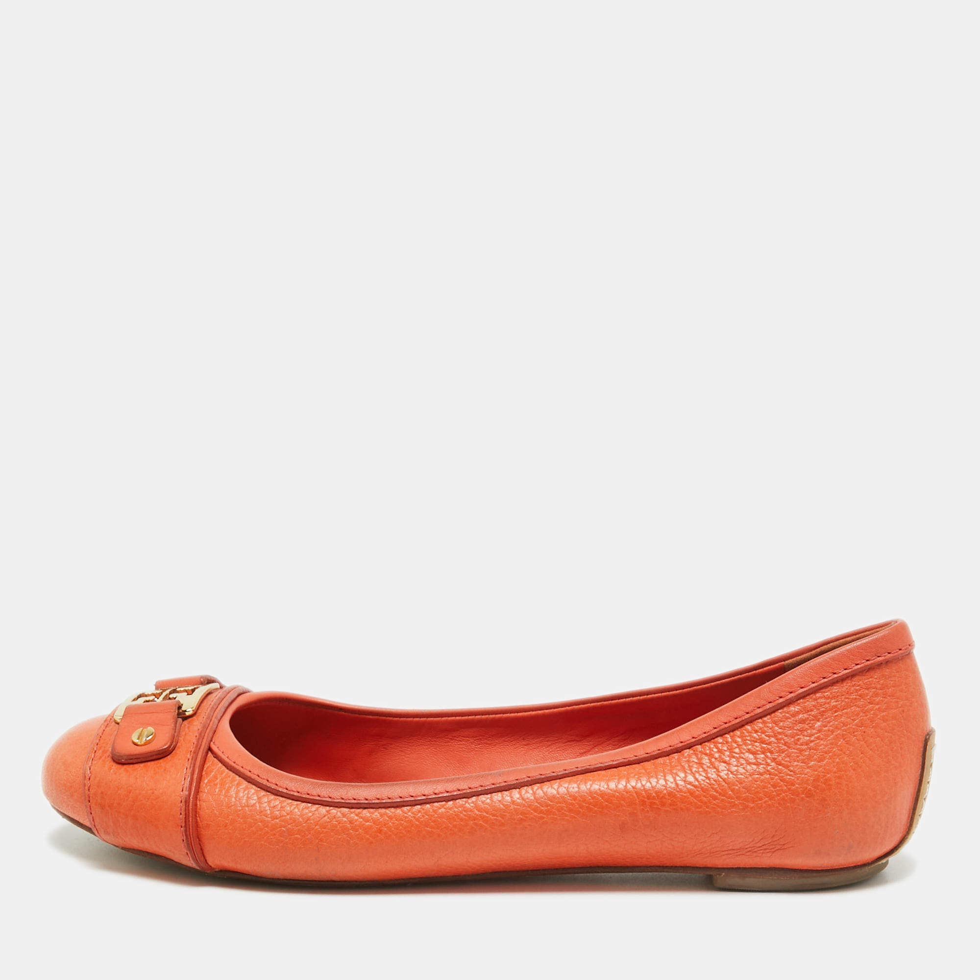Pre Owned Tory Burch Orange Leather Cline Ballet Flats Size 38.5