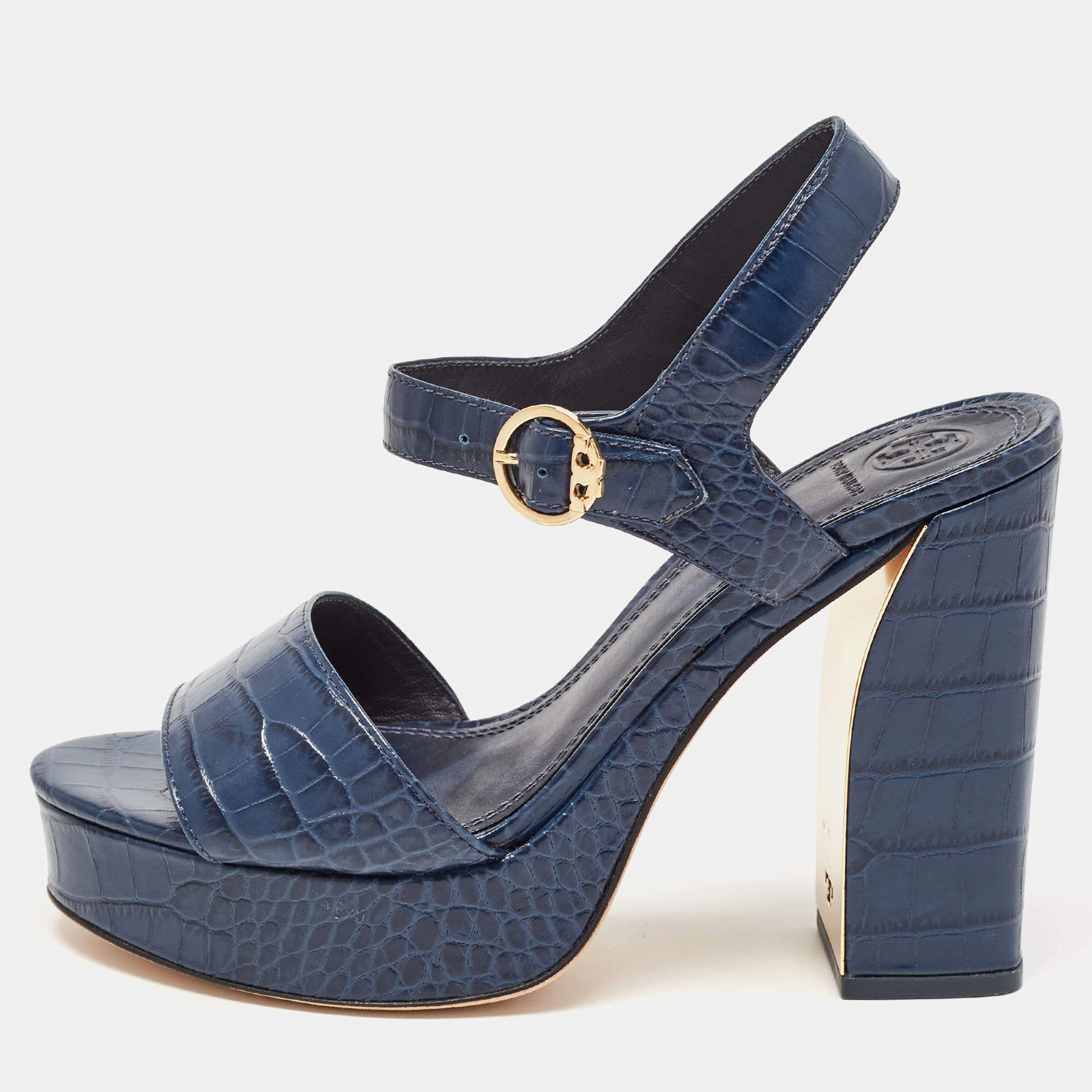 Pre Owned Tory Burch Navy Blue Croc Embossed Leather Martine Platform Sandals Size 39