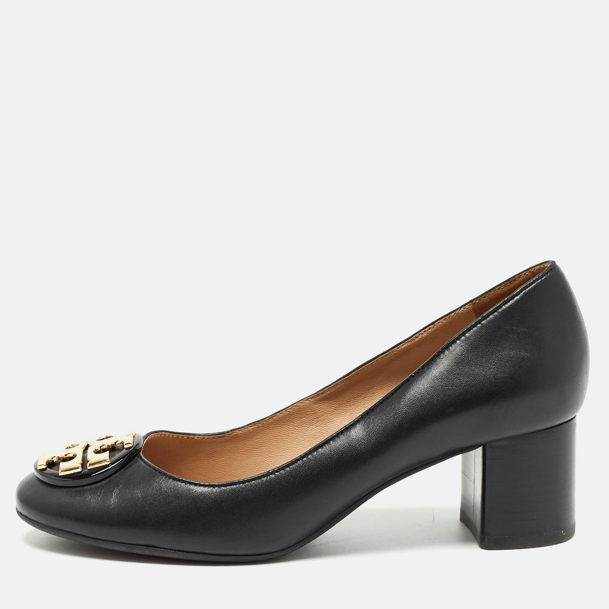 Pre Owned Tory Burch Black Leather Block Heel Pumps Size 35.5