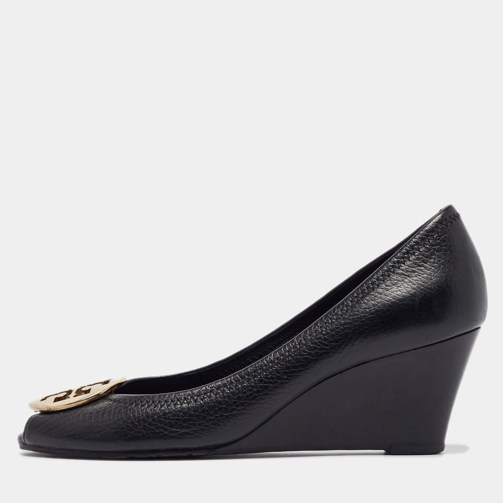 Pre Owned Tory Burch Black Leather Julianne Wedge Pumps Size 39.5