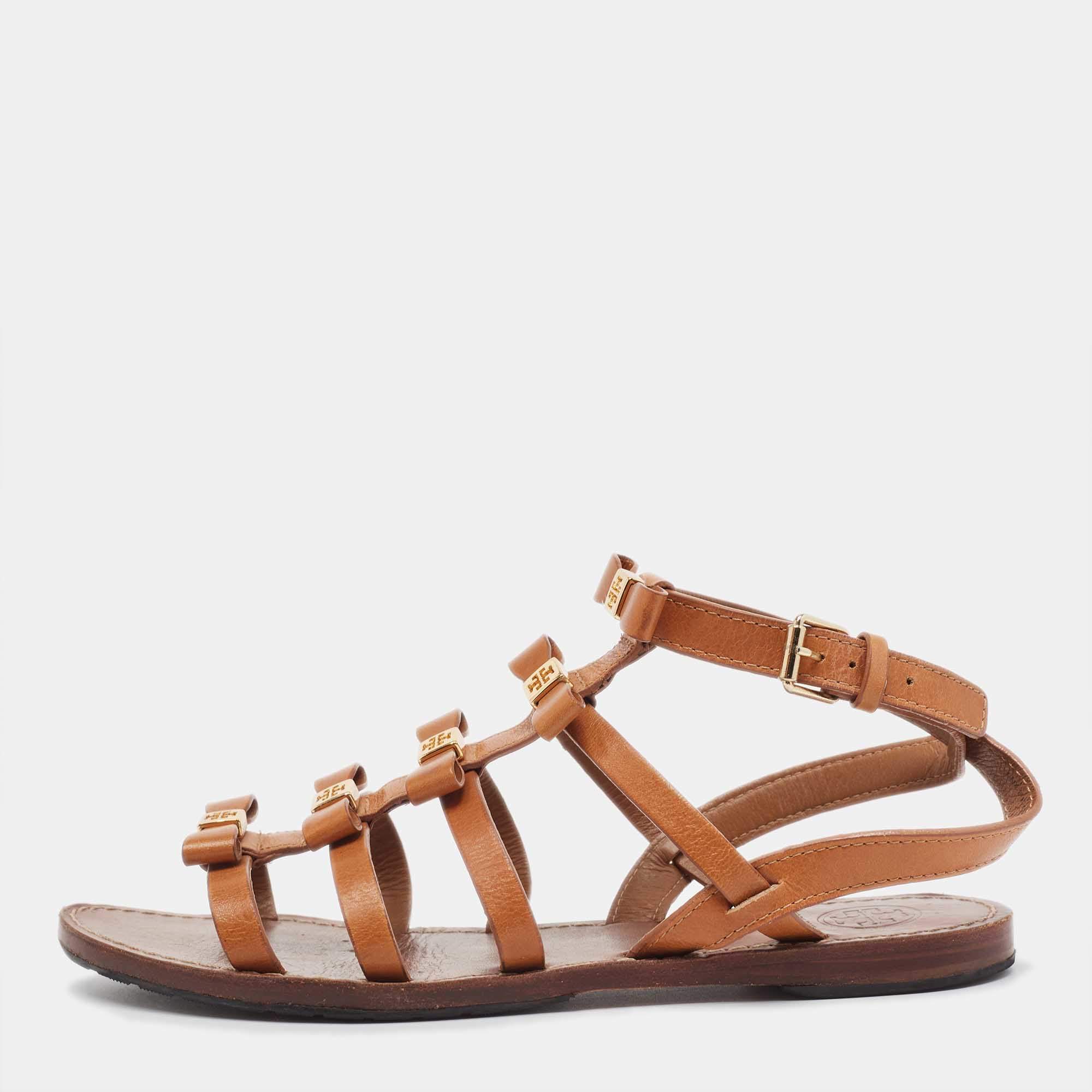 Pre Owned Tory Burch Tan Leather Kira Bow Flat Sandals Size 37