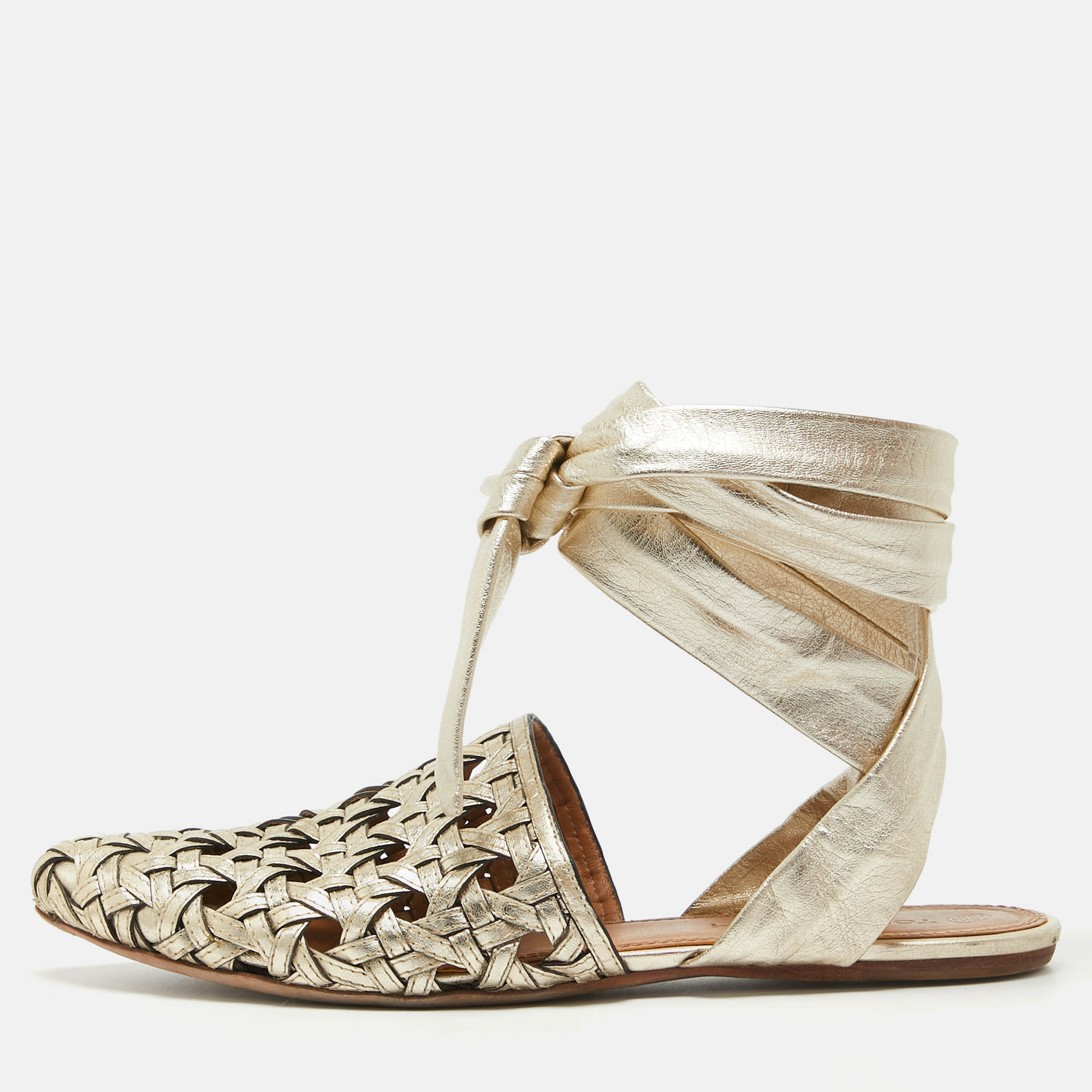 Pre Owned Tory Burch Gold Leather Basketweave Flat Sandals Size 39.5