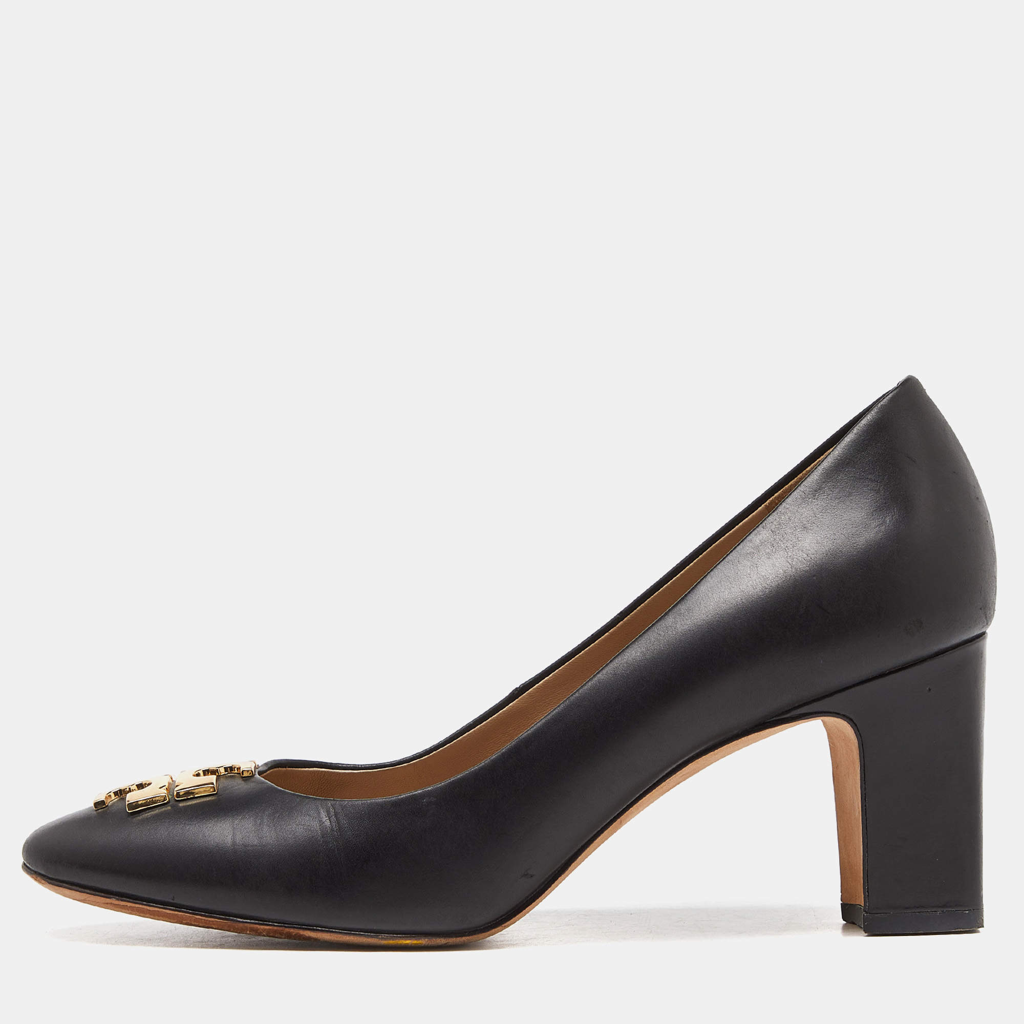 Pre Owned Tory Burch Black Leather Block Heel Pumps Size 38