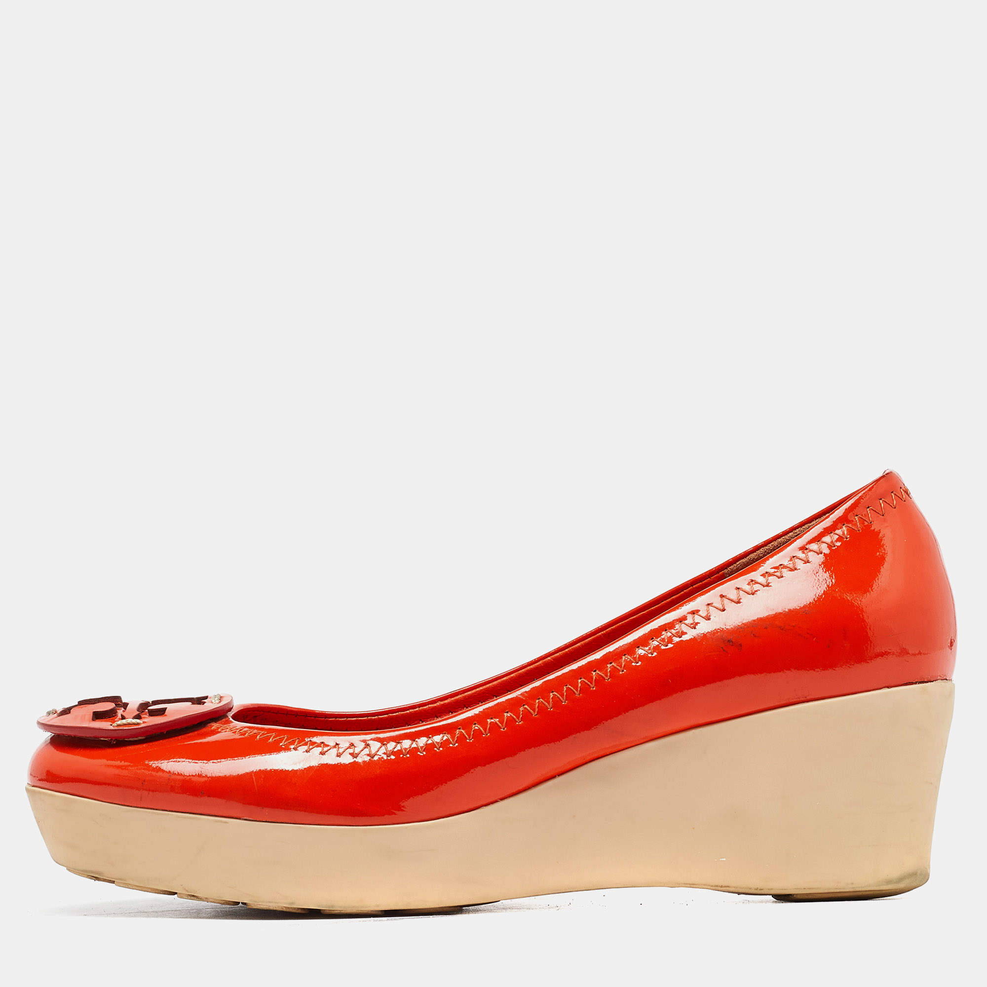 Tory Burch Orange Patent Leather Wedge Platform Pumps Size 36