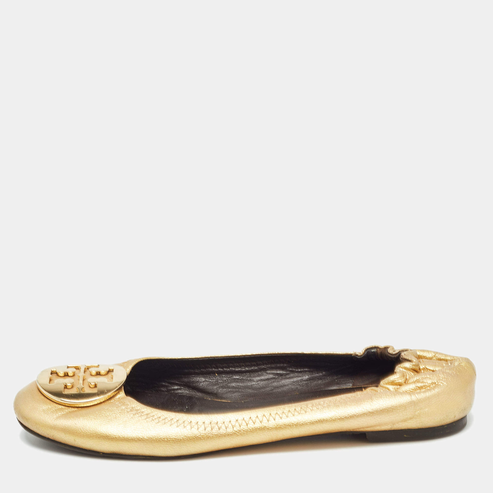 Pre Owned Tory Burch Metallic Gold Leather Claire Ballet Flats Size 37.5