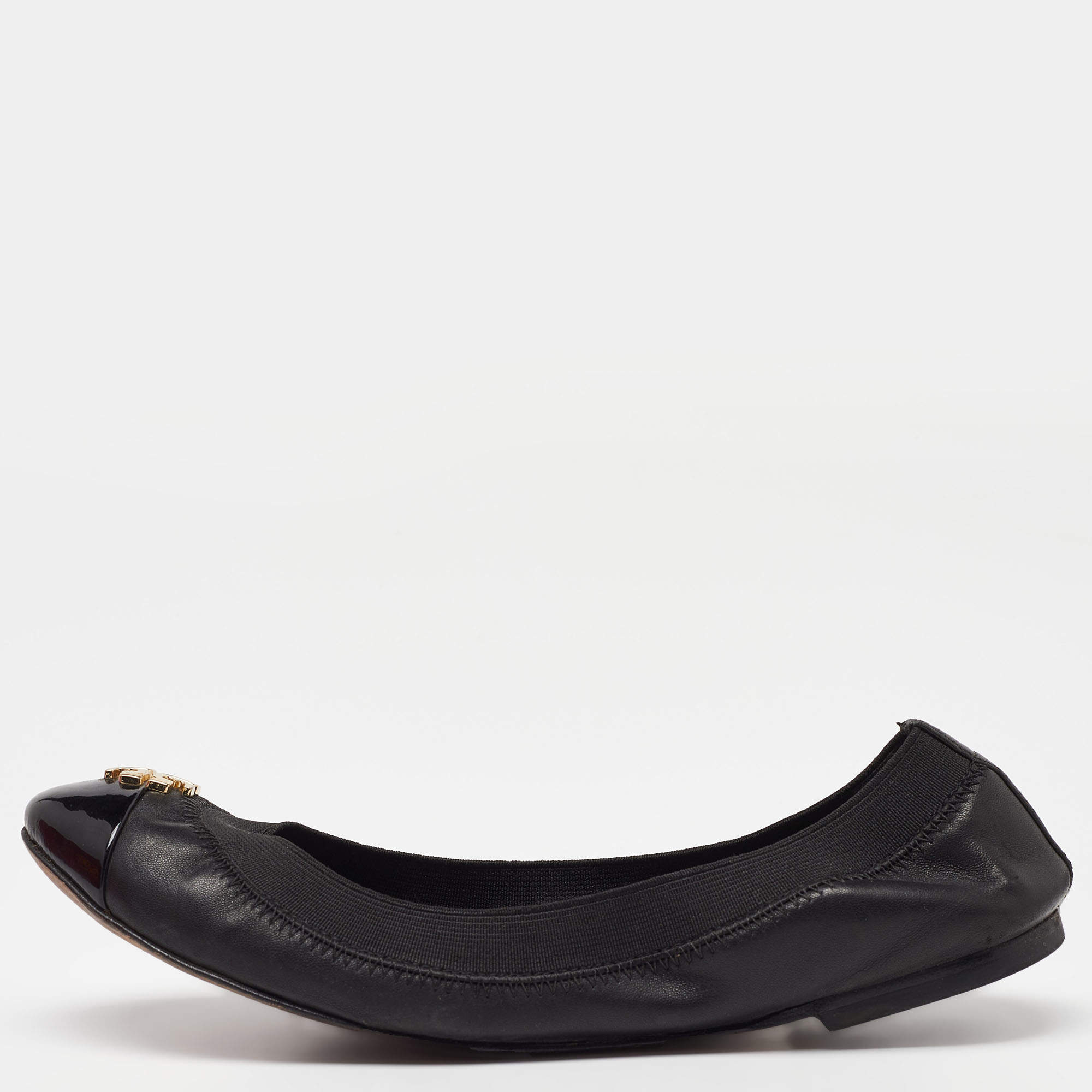 Tory Burch Black Patent and Leather Jolie Scrunch Ballet Flats Size 35.5