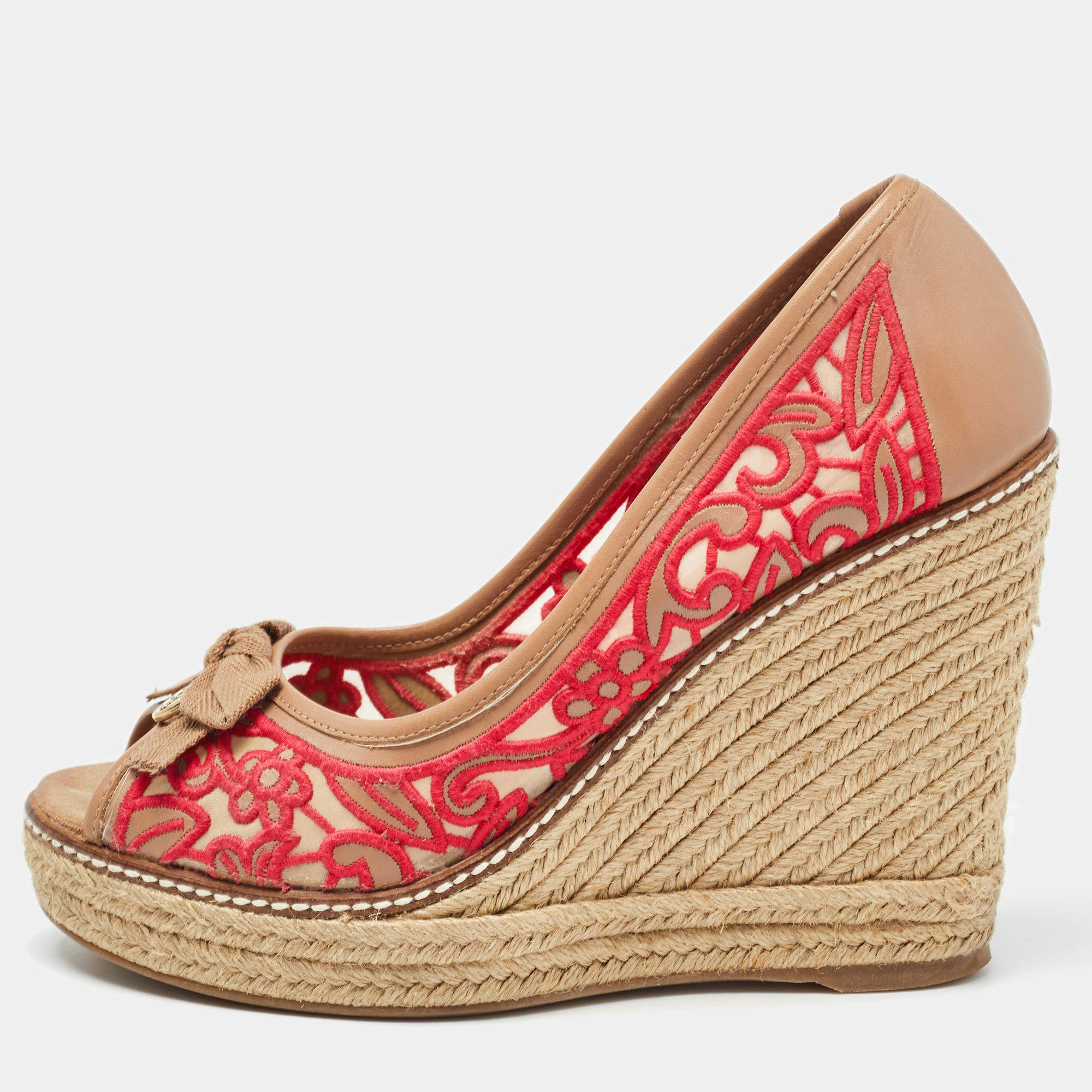 Pre Owned Tory Burch Brown/Pink Leather and Embroidered Fabric Jackie Espadrille Wedge Pumps Size 37.5