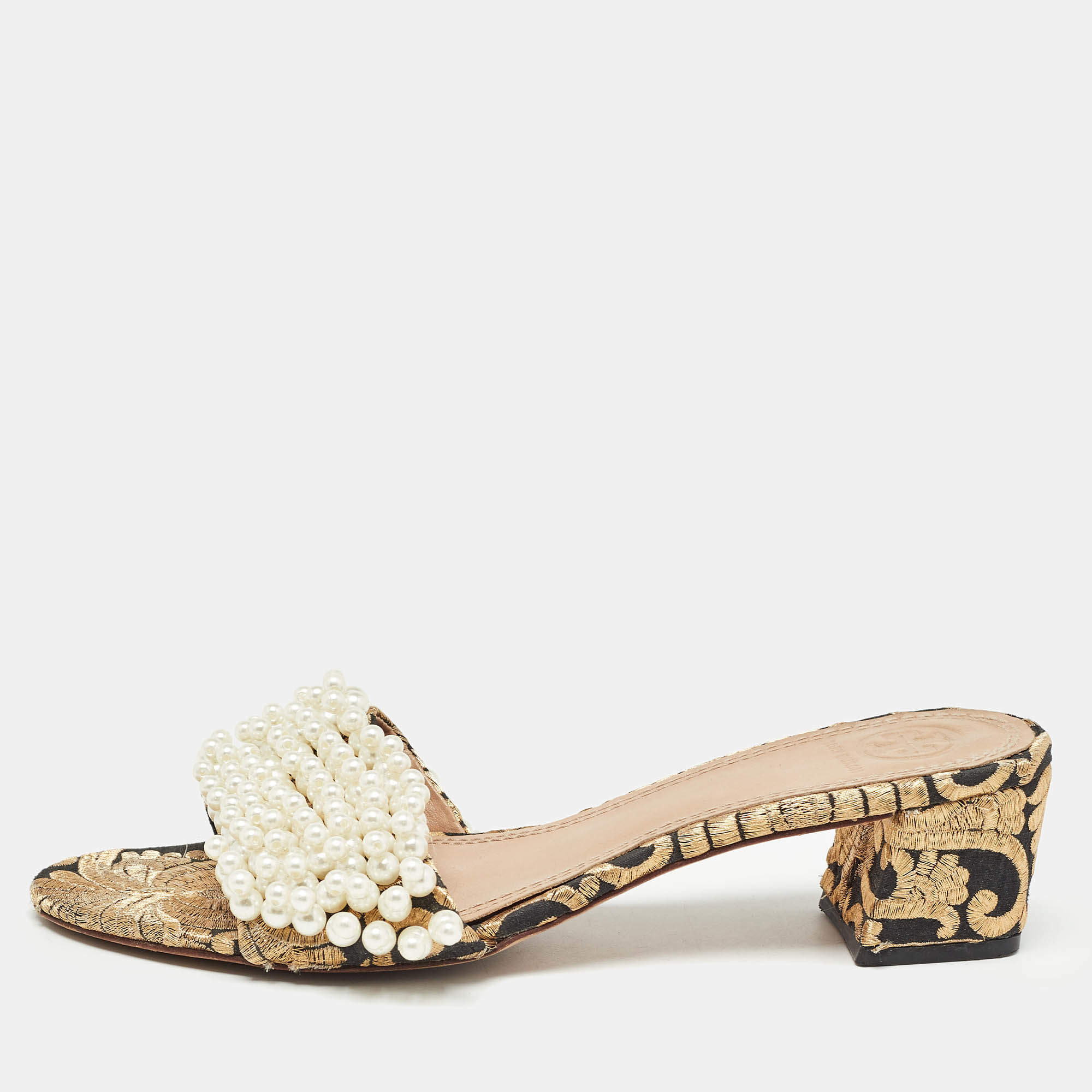 Pre Owned Tory Burch Brown/Black Embroidered Fabric Tatiana Pearl Sandals Size 38.5