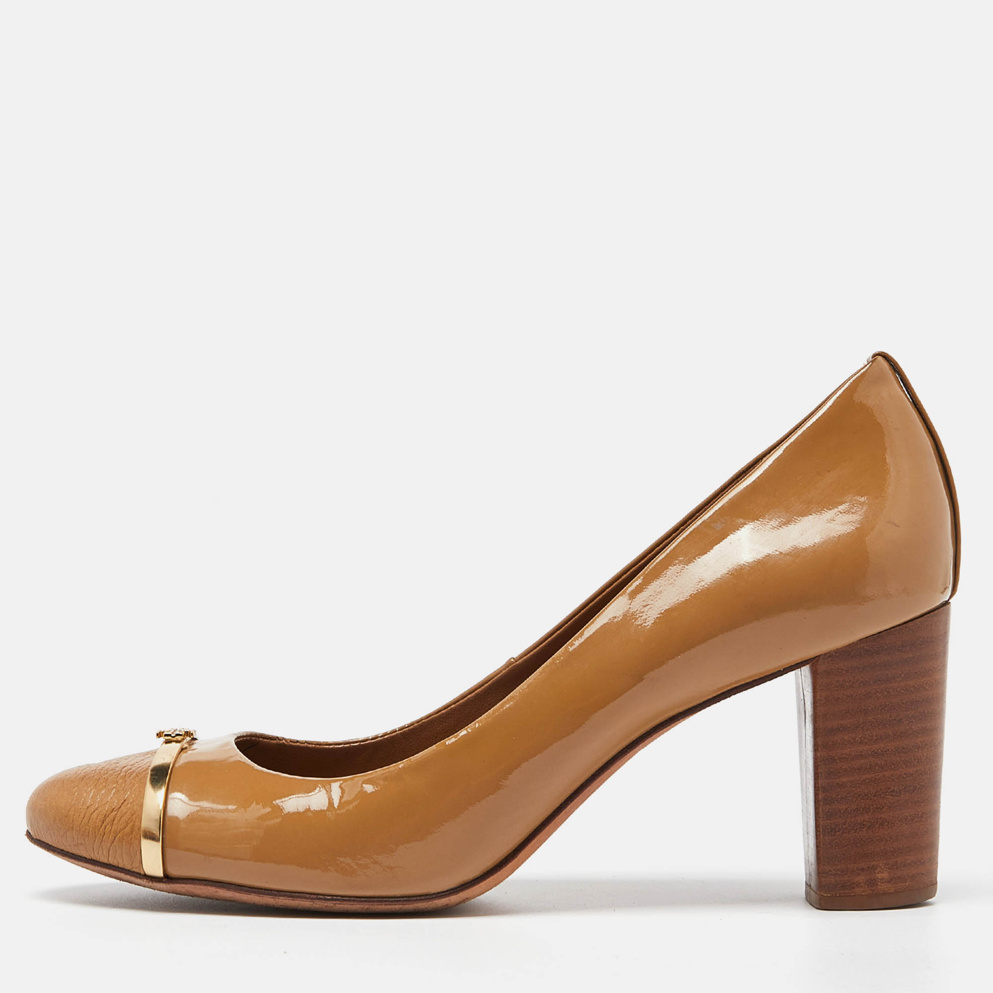 Tory Burch Beige Patent Leather Block Heel Pumps Size 40.5