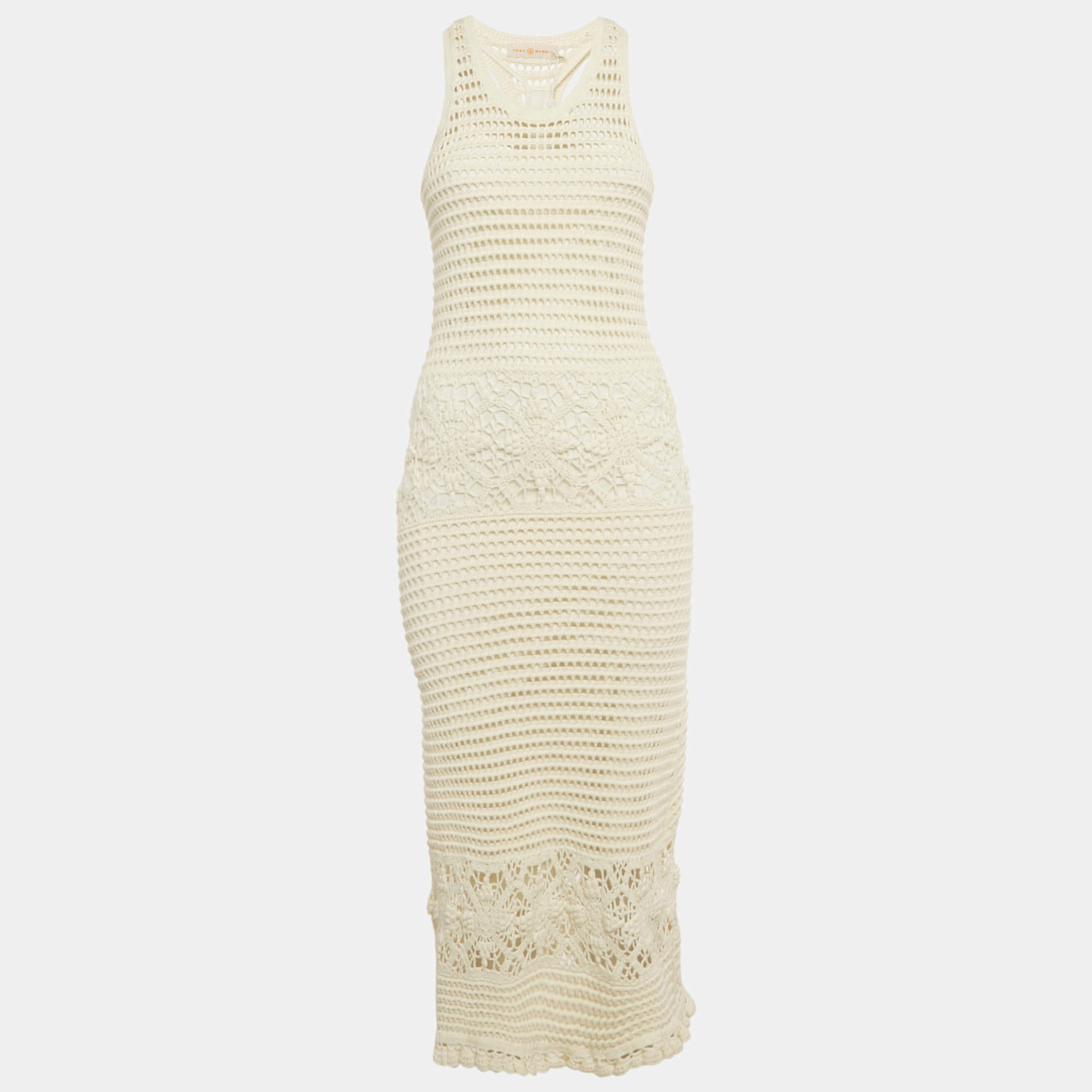 Pre Owned فستان توري بورش كروشيه أبيض متوسط بدون أكمام ميدي