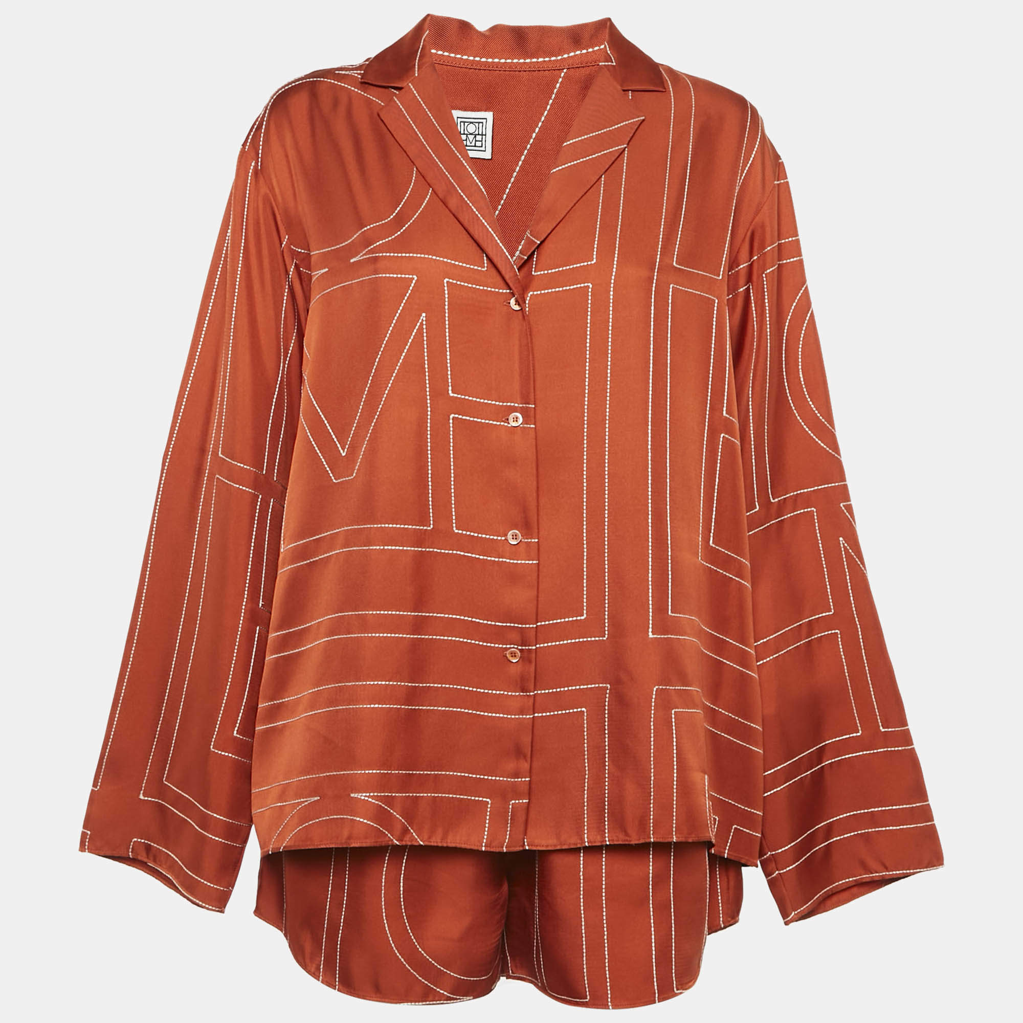 Toteme Brown Embroidered Silk Shirt and Shorts Set S