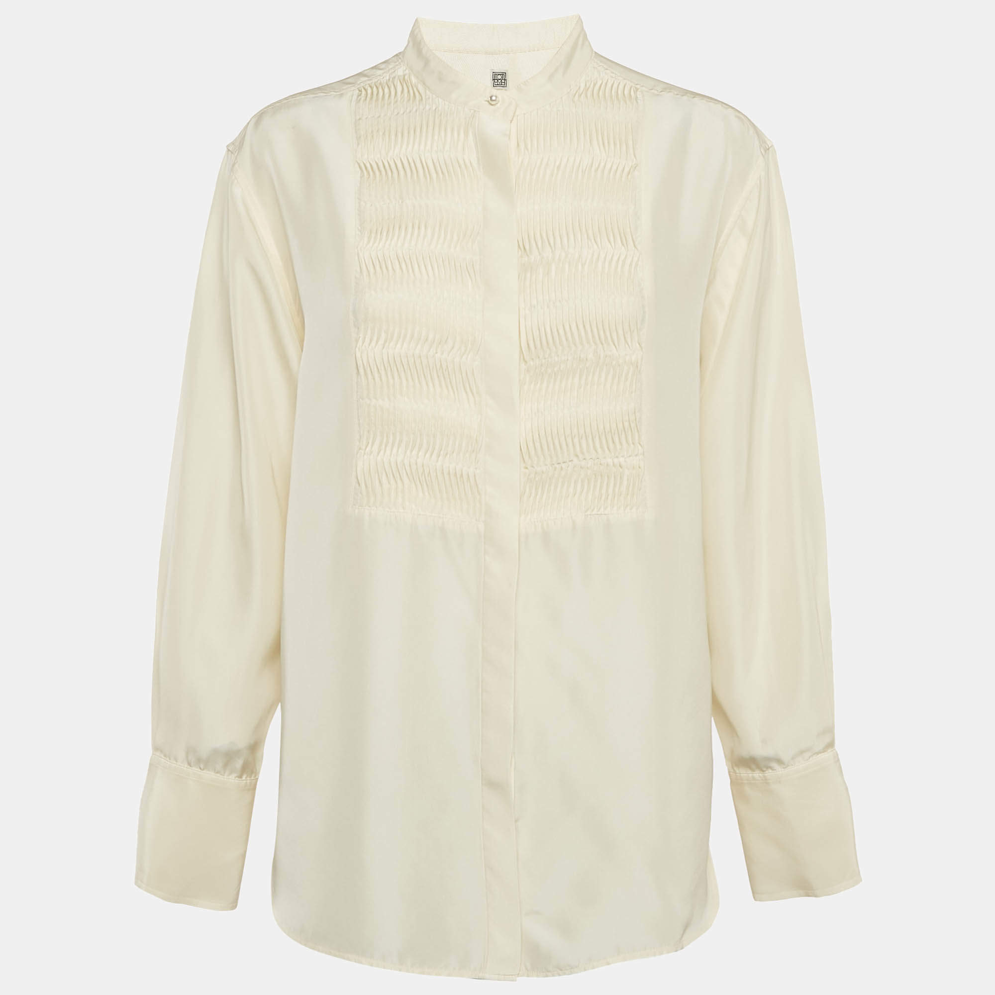 Toteme Cream Silk Pleated Long Sleeve Shirt M