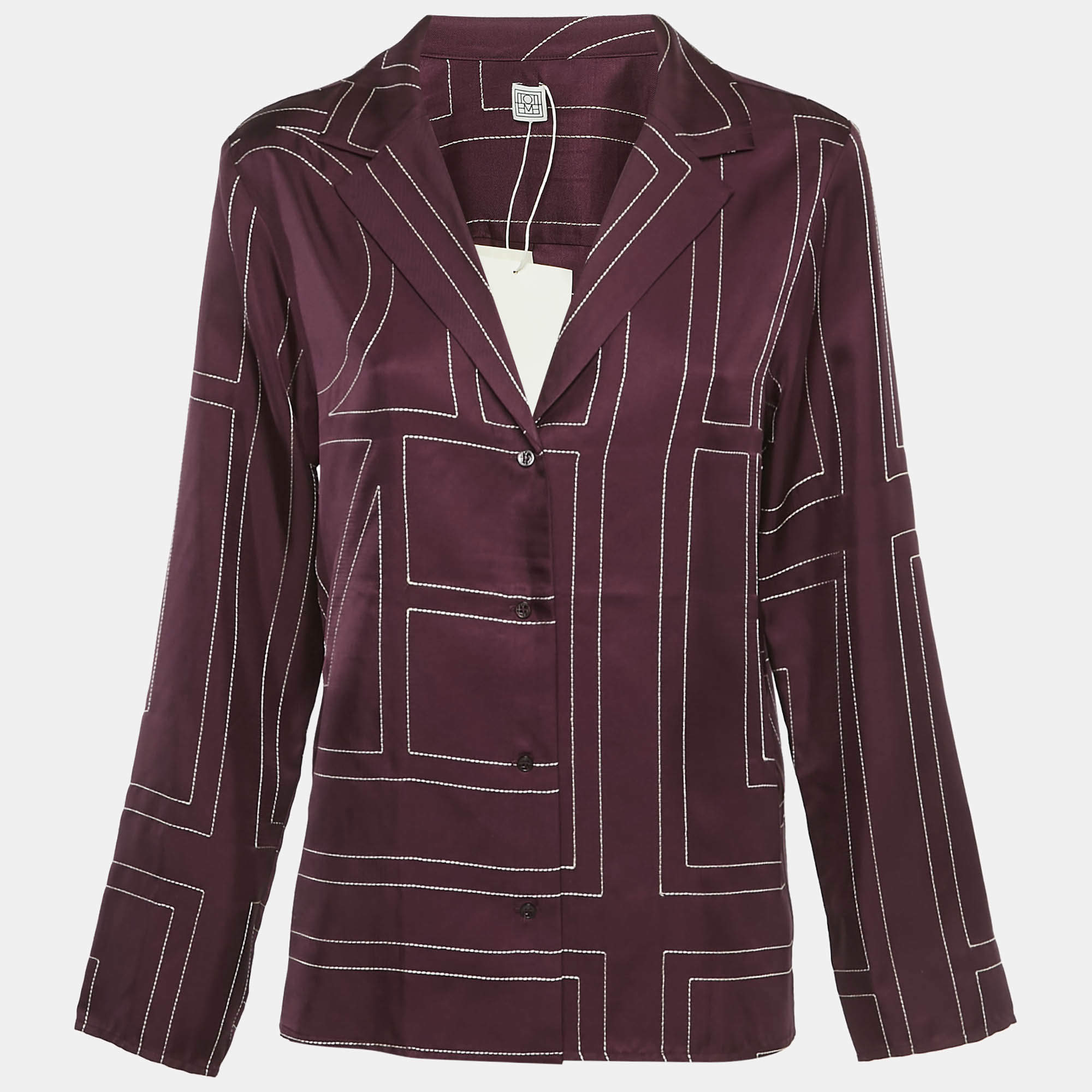 Pre Owned Toteme Burgundy Monogram Embroidery Satin Silk Pajama Shirt L