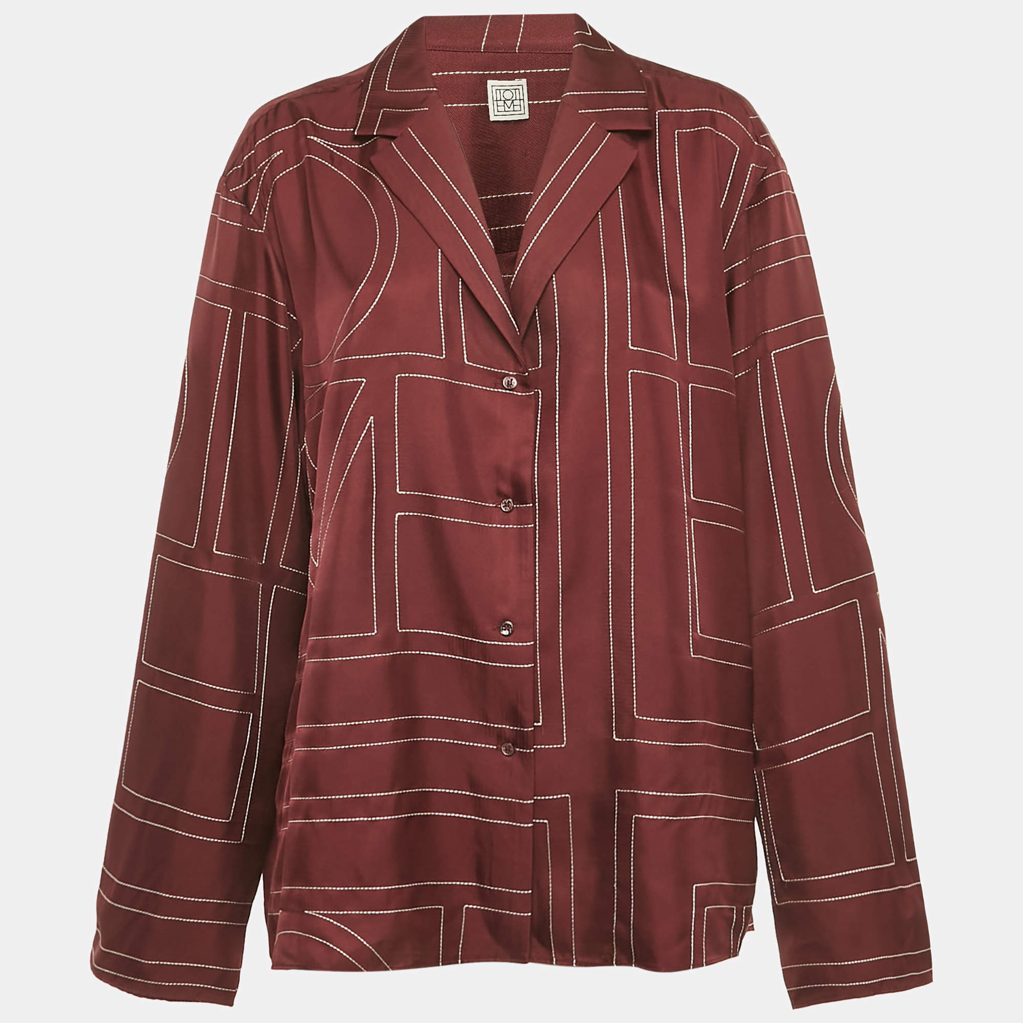 مملوكة مسبقًا Toteme Burgundy Monogram Silk PJ Top XL