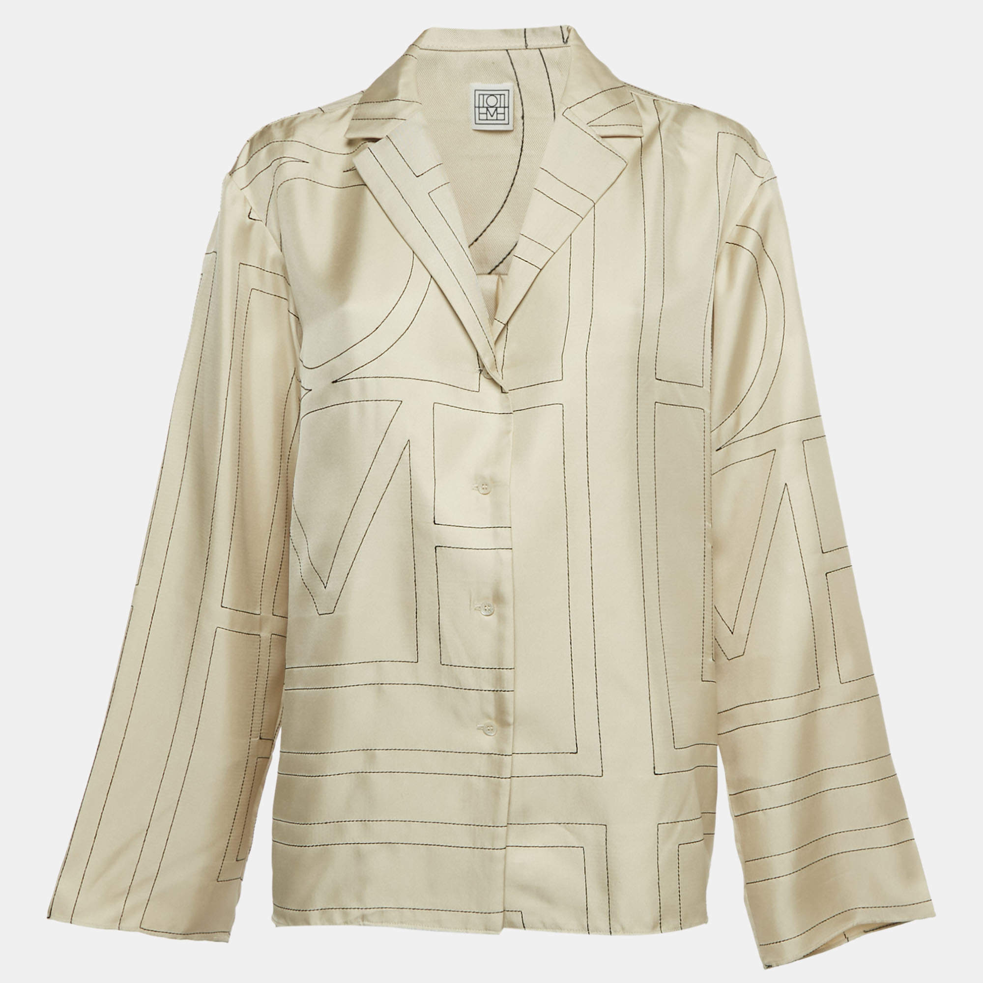 Pre Owned Toteme Beige Monogram Embroidery Silk Pajama Shirt S