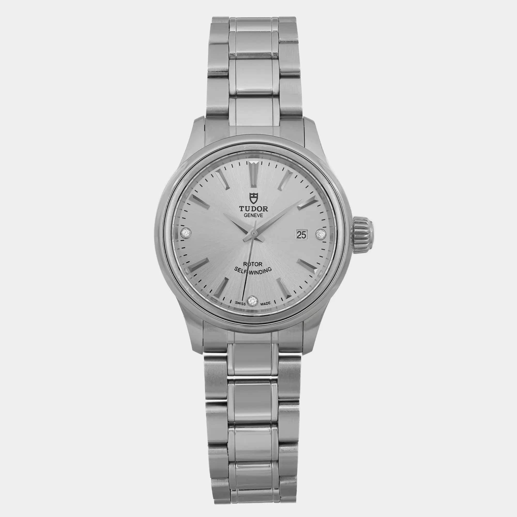 Pre Owned Tudor Silver Diamond Stainless Steel Style 12100-0003 Automatic Women's Wristwatch 28 mm
