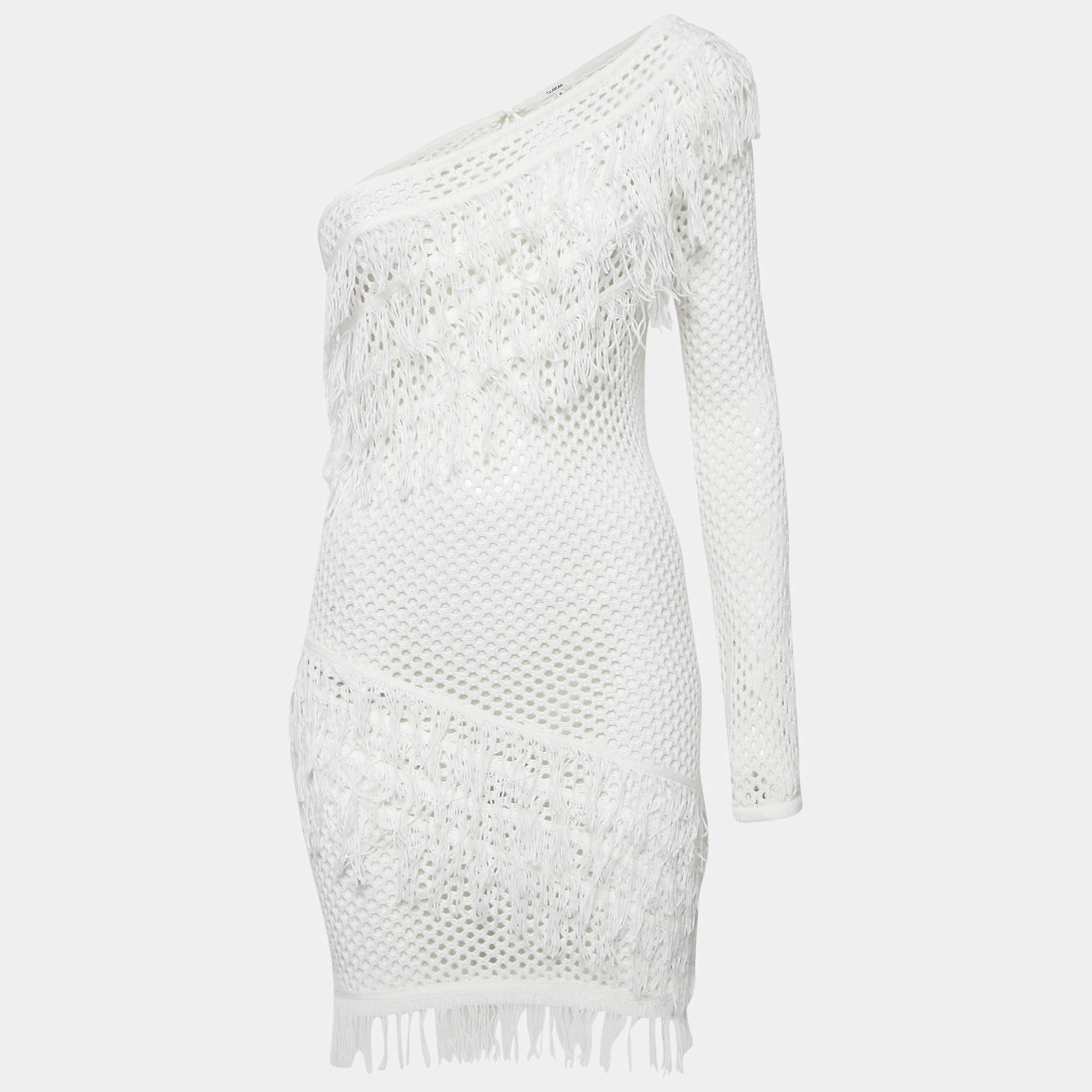 مملوكة مسبقًا فساتين تولاروسا أبيض كروشيه كتف واحد بيكابو قصير مقاس متوسط