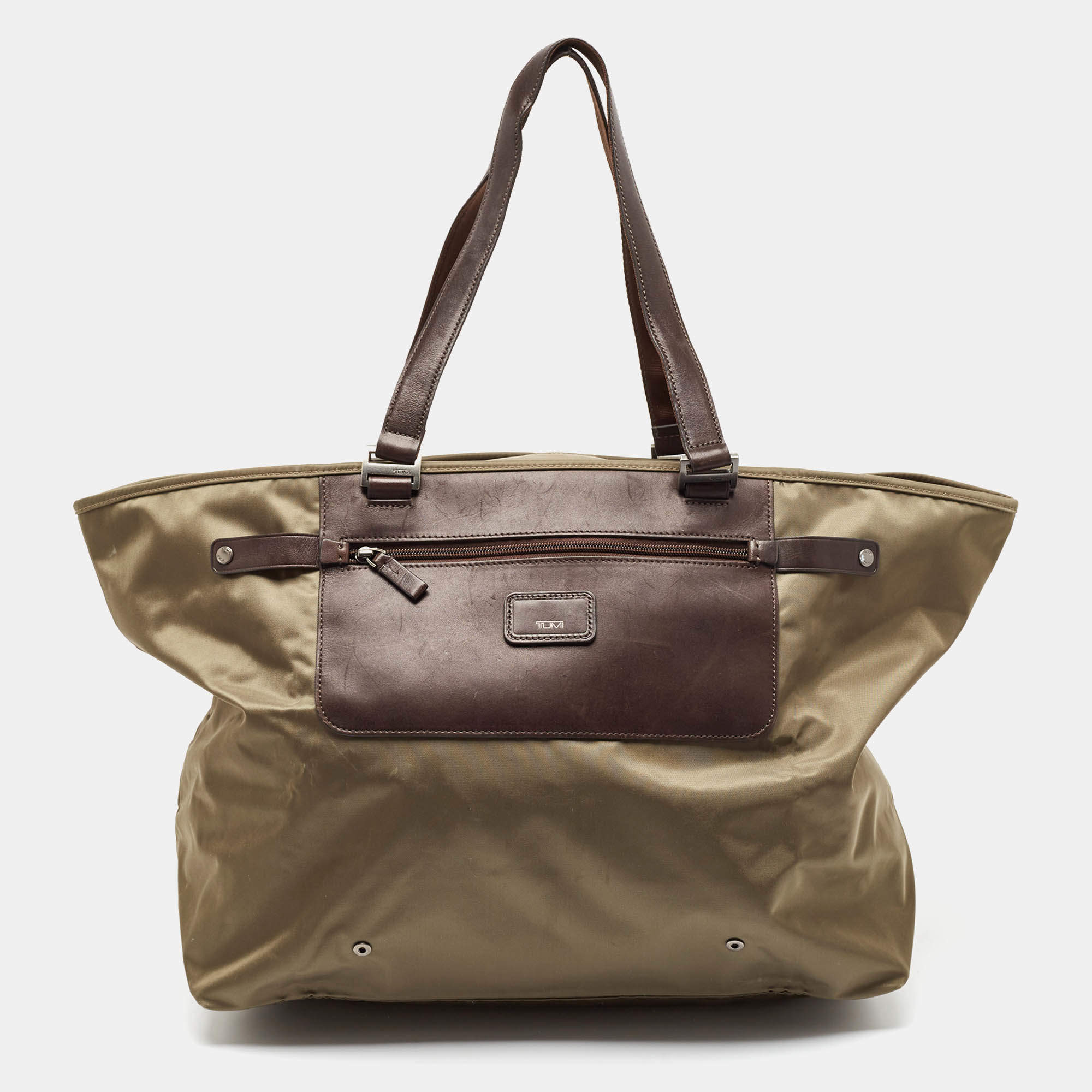 Tumi Khaki Green/Brown Leather and Nylon Packaway Shopper Tote