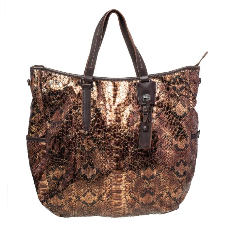 TUMI Metallic/Brown Python Effect Fabric and Leather Bag