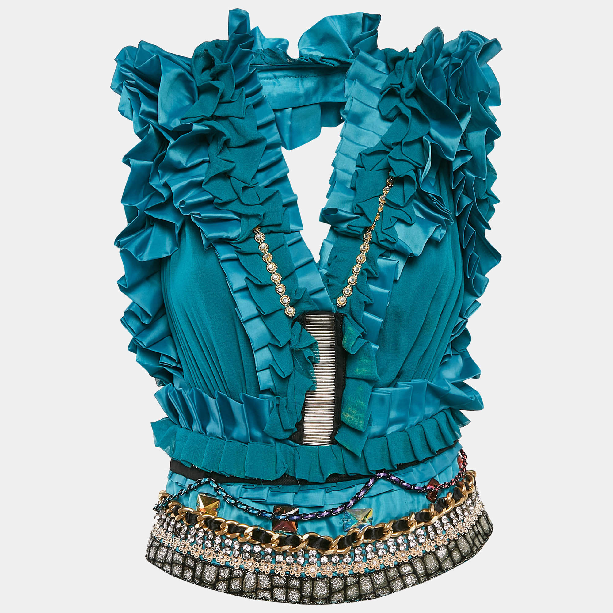 Tuvanam Blue Crepe Embellished and Ruffled Top M