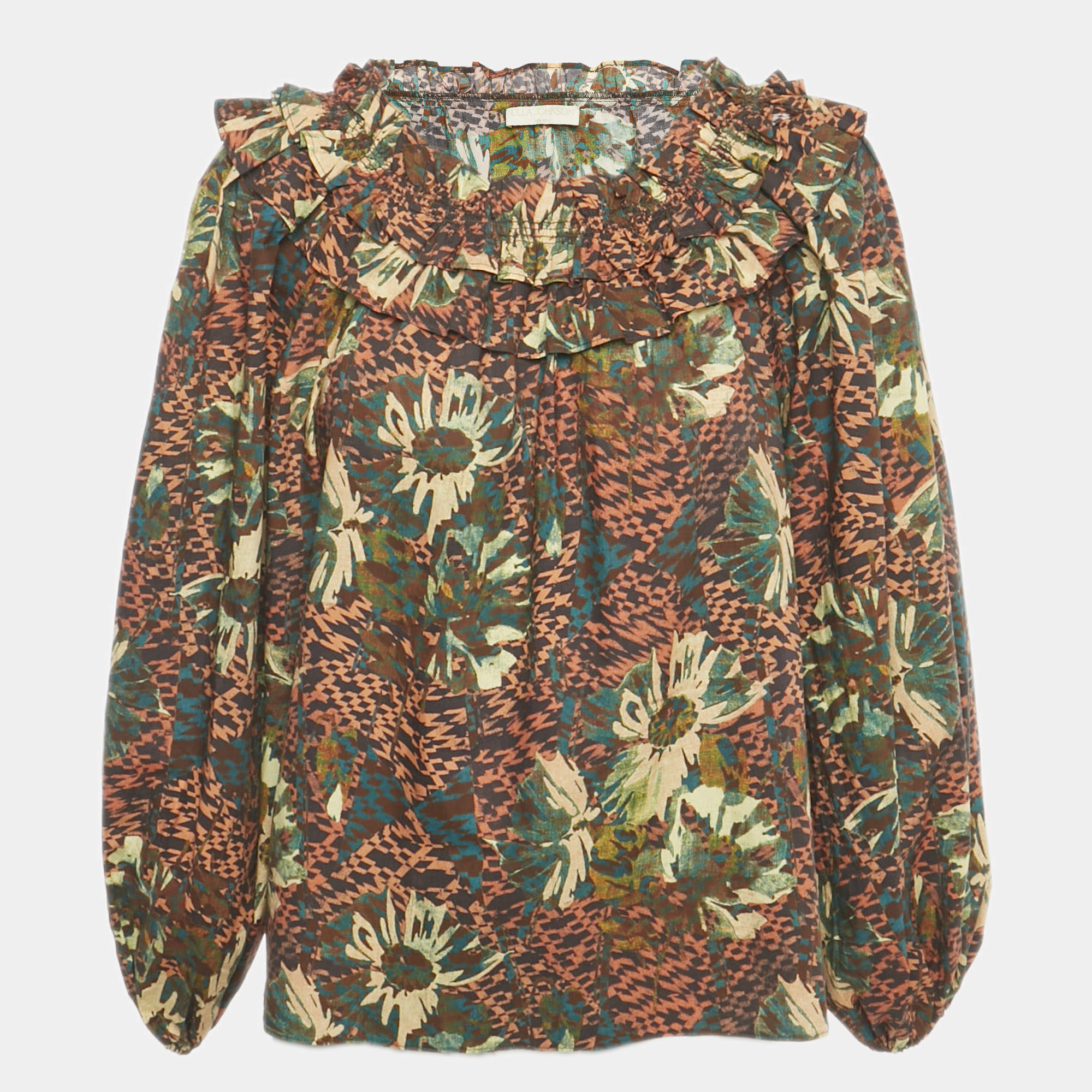 مملوكة مسبقًا بلوزة أولا جونسون قطنية مطبوعة بنية مقاس متوسط - ميديم