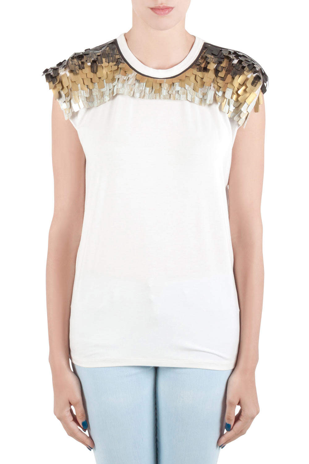 Vionnet Off White Jersey  Embellished Yoke Detail Sleeveless T-Shirt L