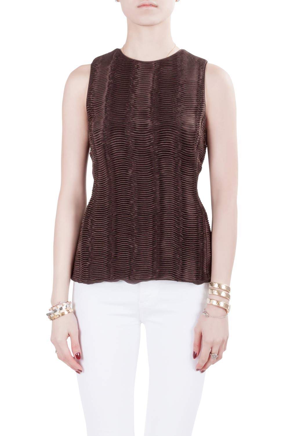 Pre Owned Giorgio Armani Brown Accordion Pleated Textured Silk Sleeveless Top S