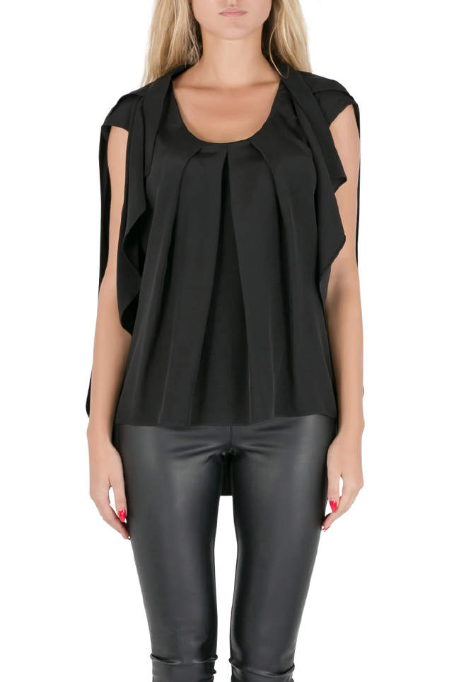 Pre Owned Oscar De La Renta Black Silk Pleated Draped Front Sleeveless Top S