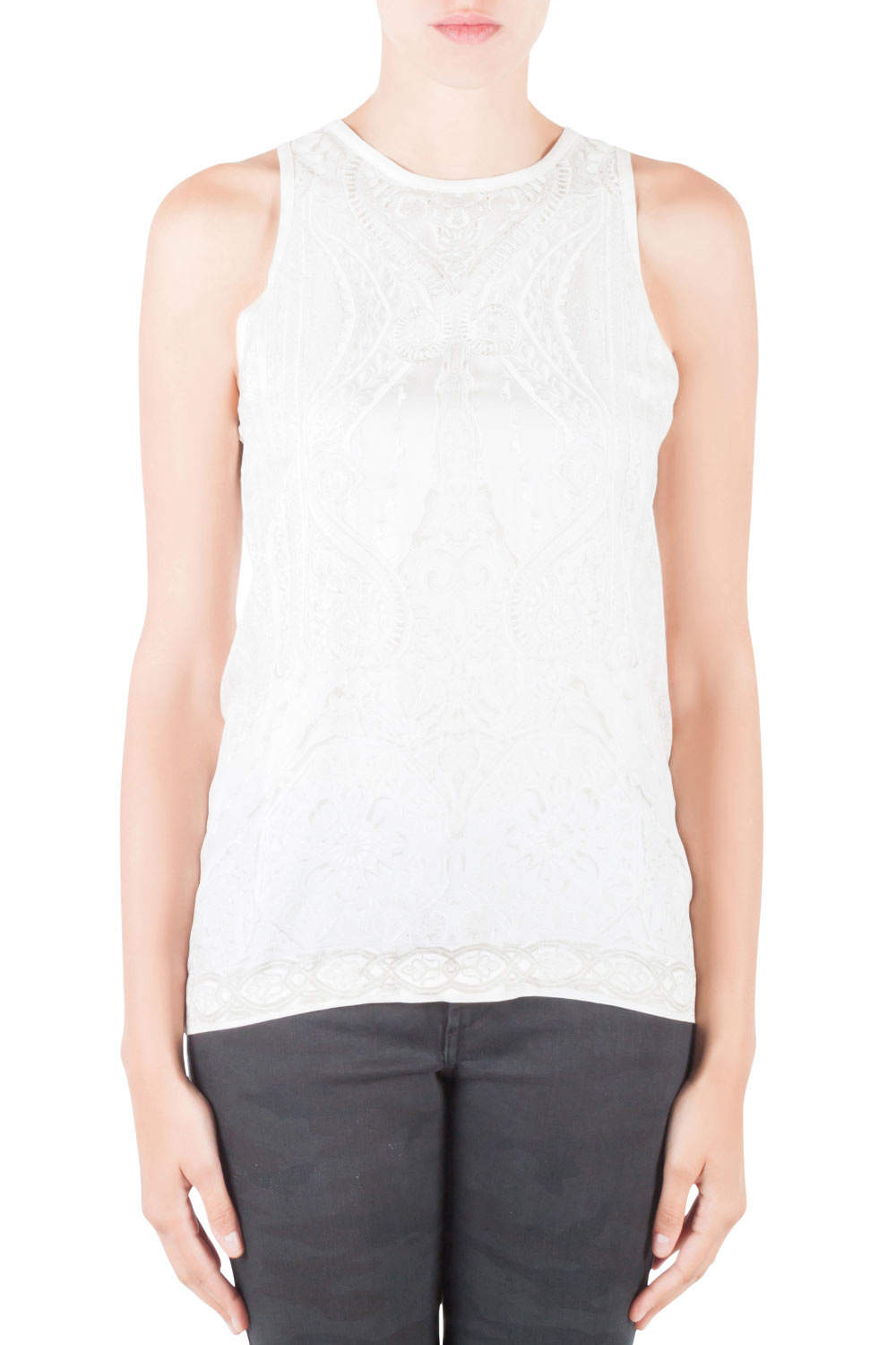 Roberto Cavalli Off White Mixed Media Printed Silk Racer Back Tank Top M