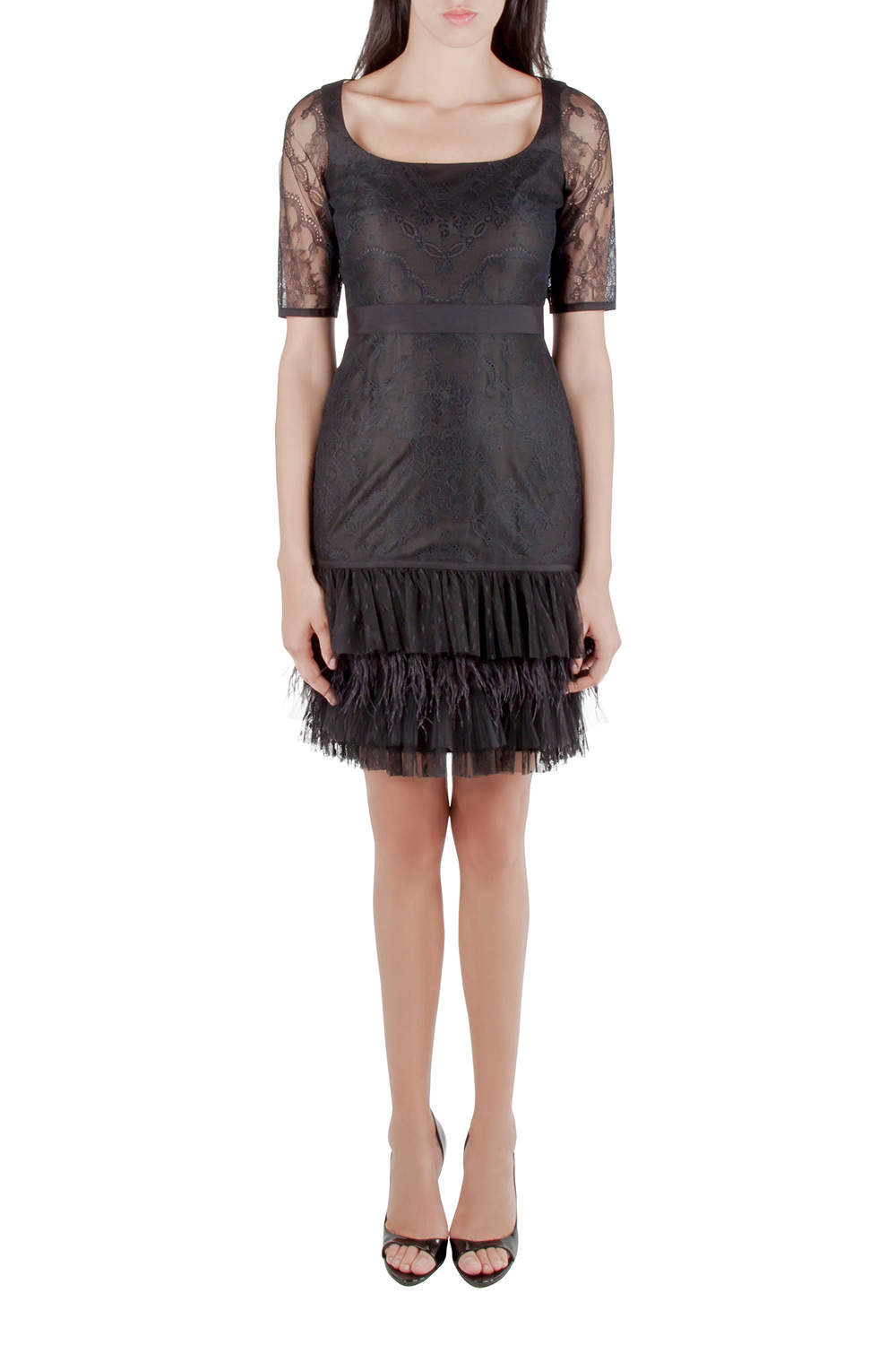 Marchesa Notte Black Lace Ruffle Tiered Hem Feather Insert Cocktail Dress M