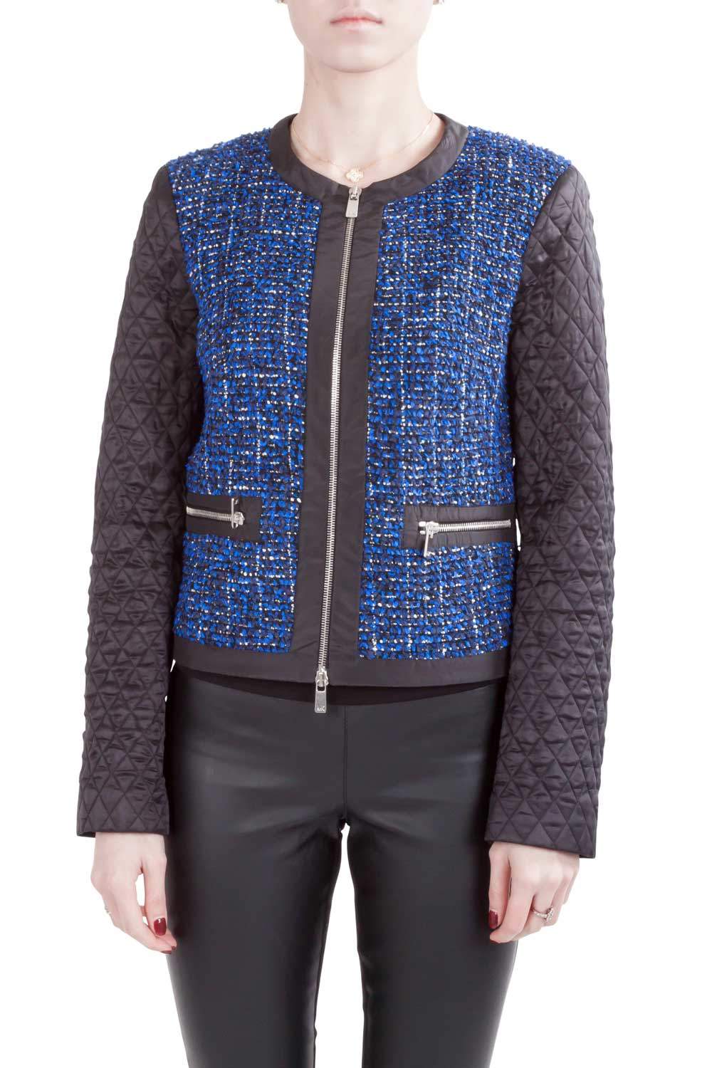Michael  Kors Blue and Black Tweed Quilted Sleeve Detail Zip Front Jacket S