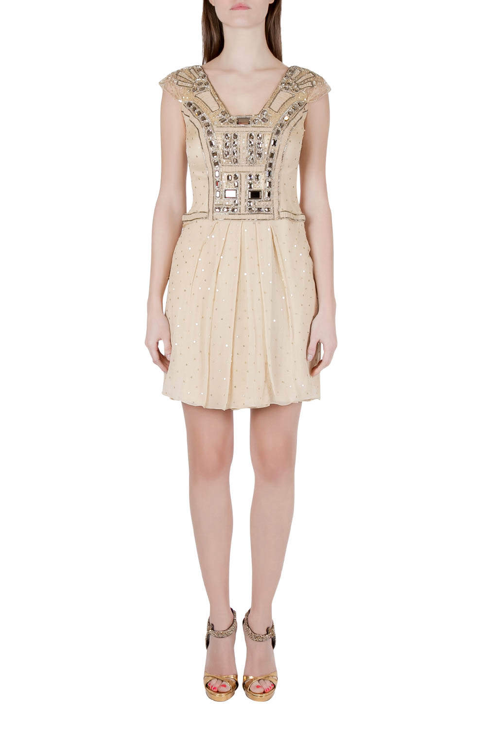 Pre Owned Carolina Herera Beige Plisse Crepe Embellished Tulle Cap Sleeve Dress S