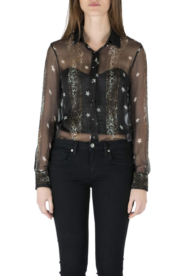 Philip Plein Collection Black Star Print Sheer Silk Button Down Shirt S
