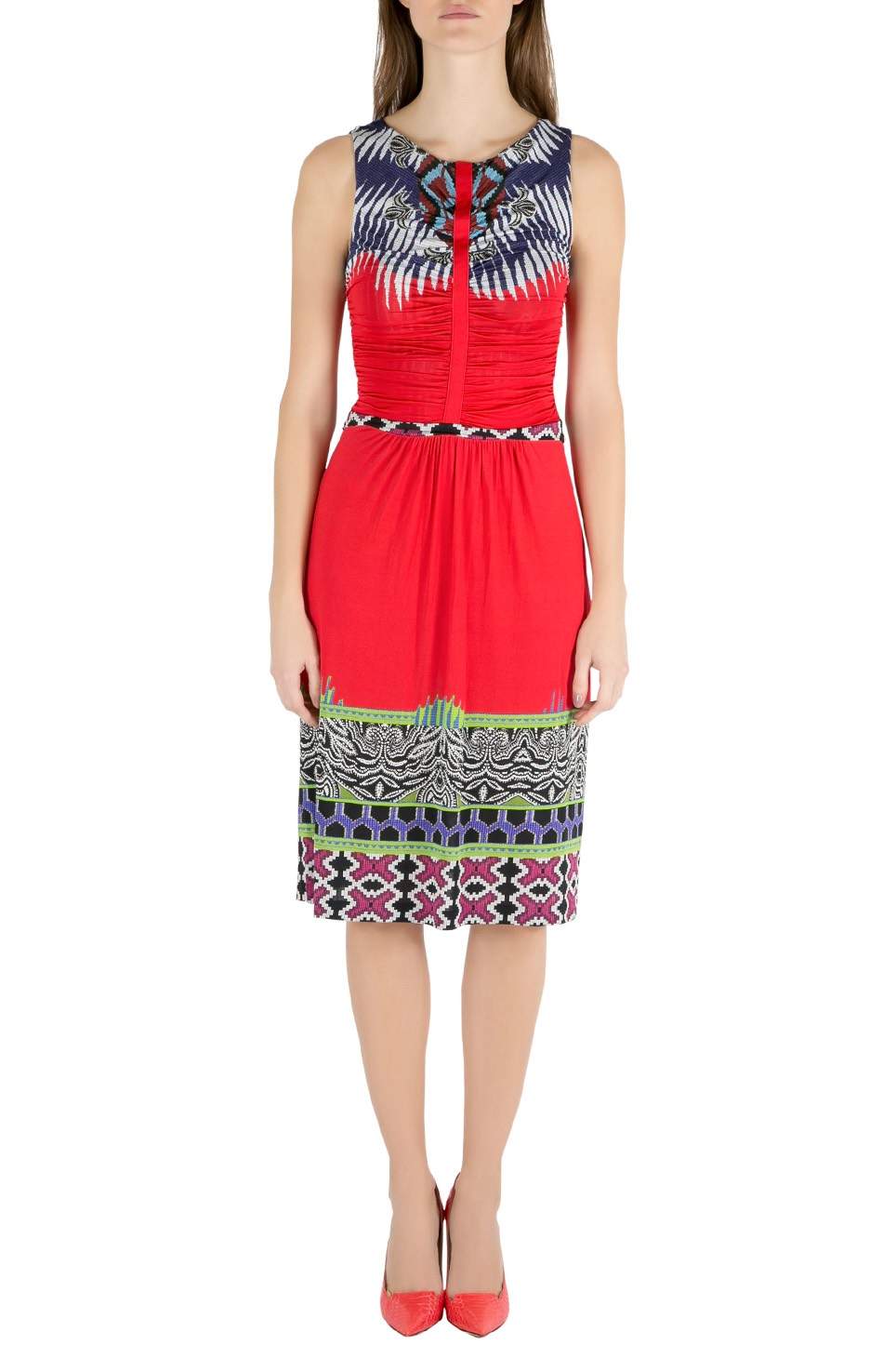 Pre Owned Etro Red Abstract Print Stretch Knit Ruched Front Sleeveless Midi Dress M