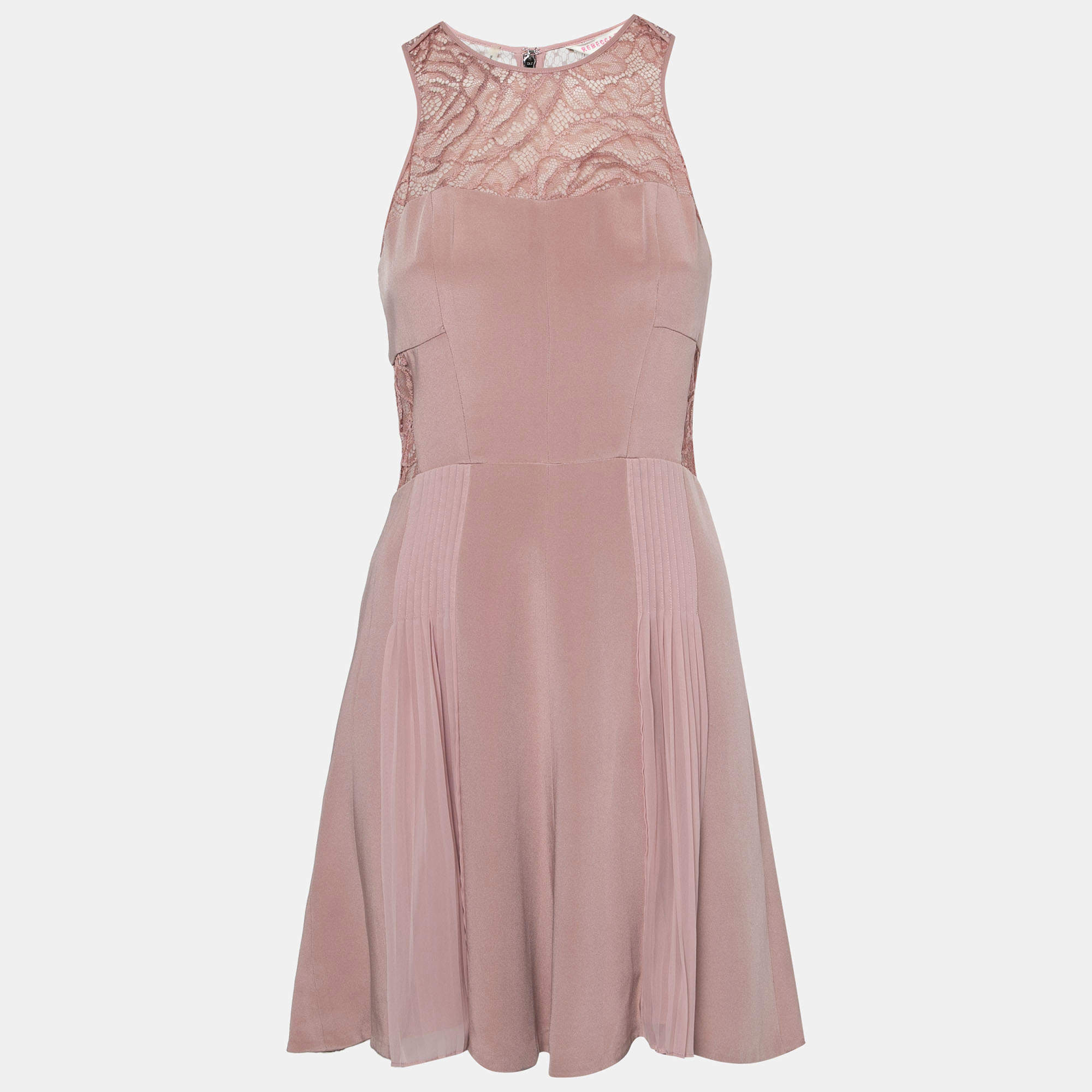 Rebecca Taylor Blush Pink Silk Lace Insert Pleated Cocktail Dress M