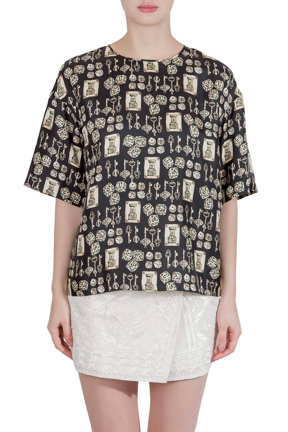 Pre Owned Dolce & Gabbana Black and Beige Dice Key Printed Silk Short Sleeve Top M 