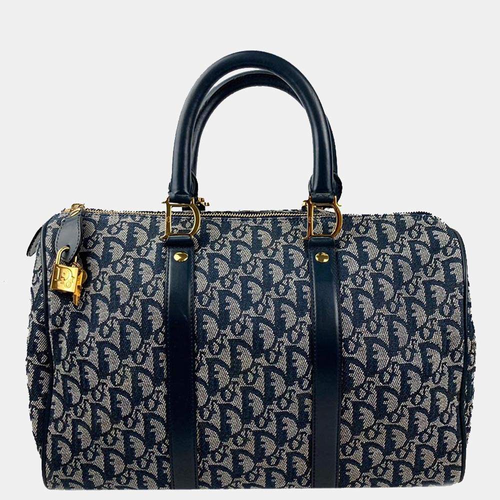 Pre Owned Christian Dior Blue Oblique Canvas Trotter Boston Bag