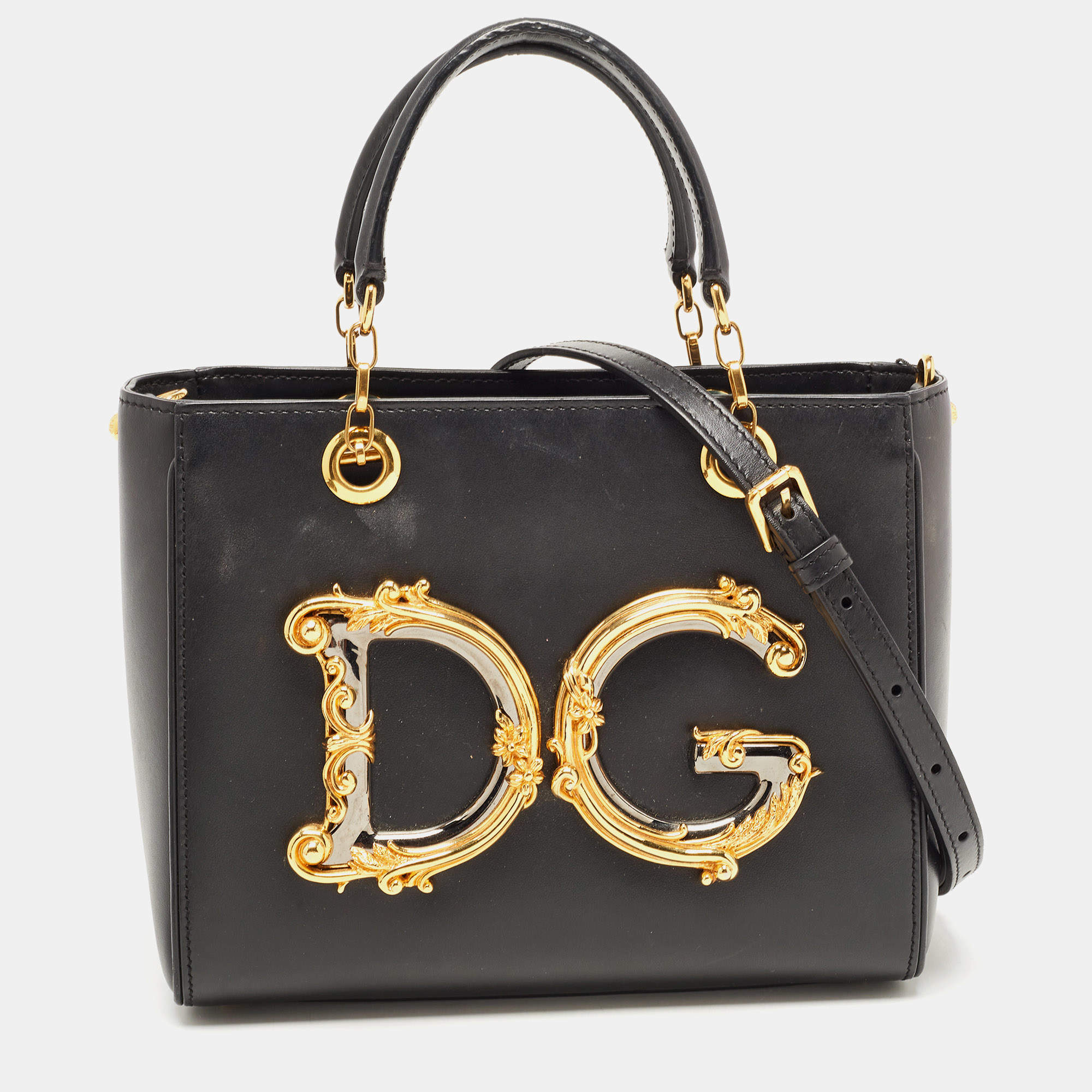Pre Owned Dolce & Gabbana Black Leather DG Girls Tote