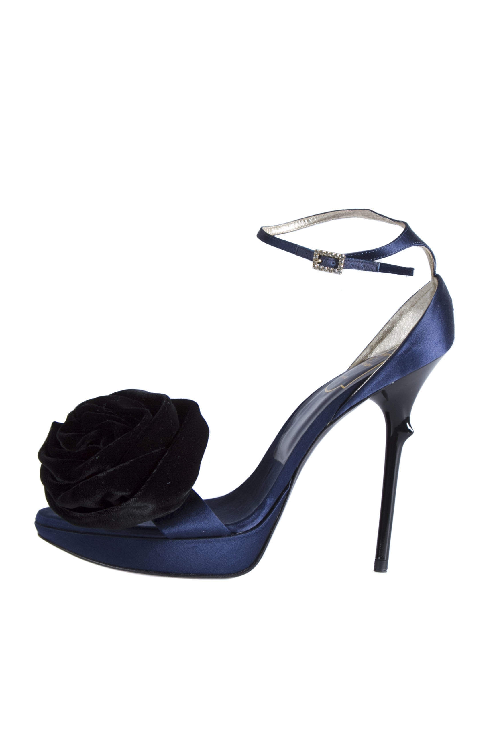 Roger Vivier Blue Satin And Black Floral Ankle Strap Platform Sandals Size 38