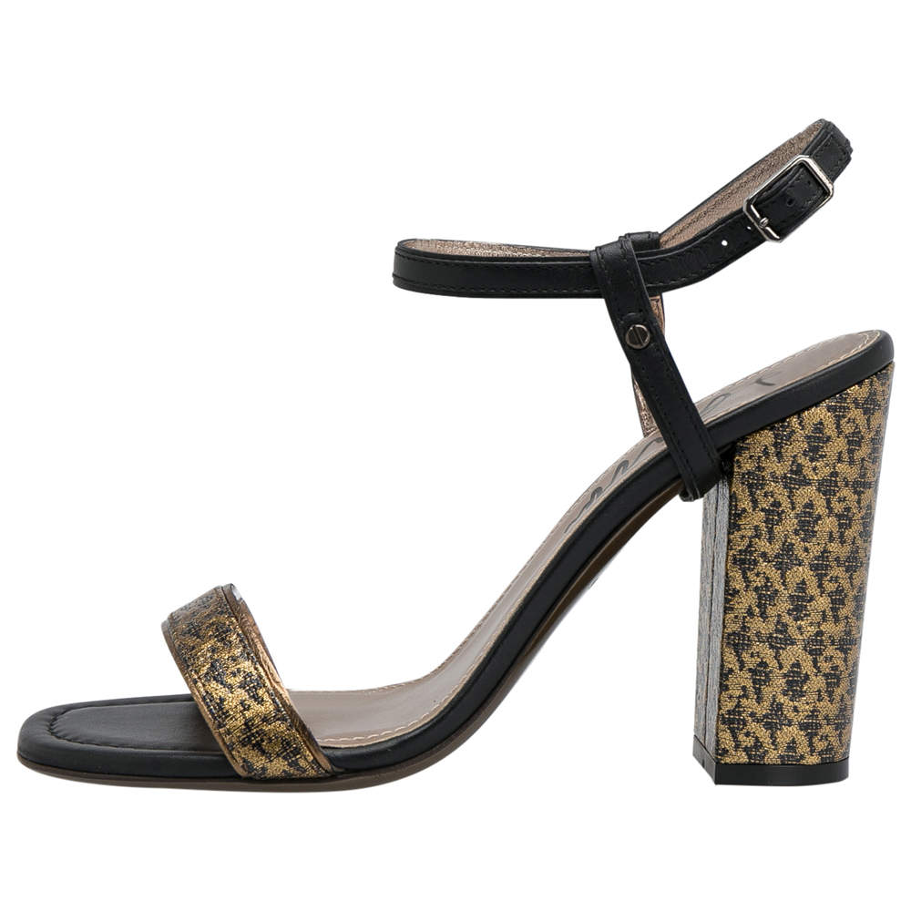 Pre Owned Lanvin Black/Gold Fabric and Leather Ankle Strap Block Heel Sandals Size 38