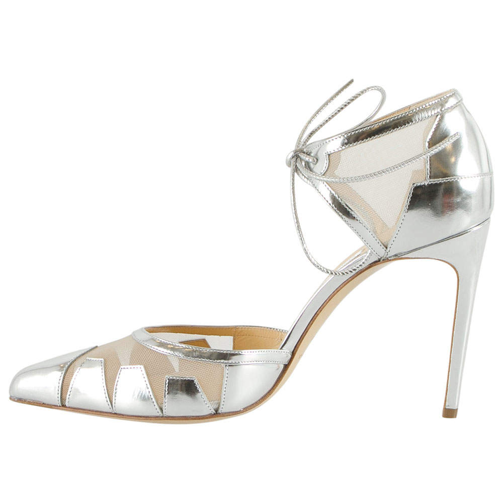 Bionda Castana Metallic Silver Leather And Mesh Lana Pointed Toe Pumps Size 38