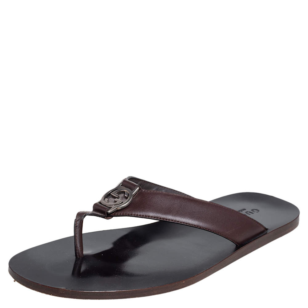 Pre Owned Gucci Brown Leather GG Thong Slide Sandals Size 43.5