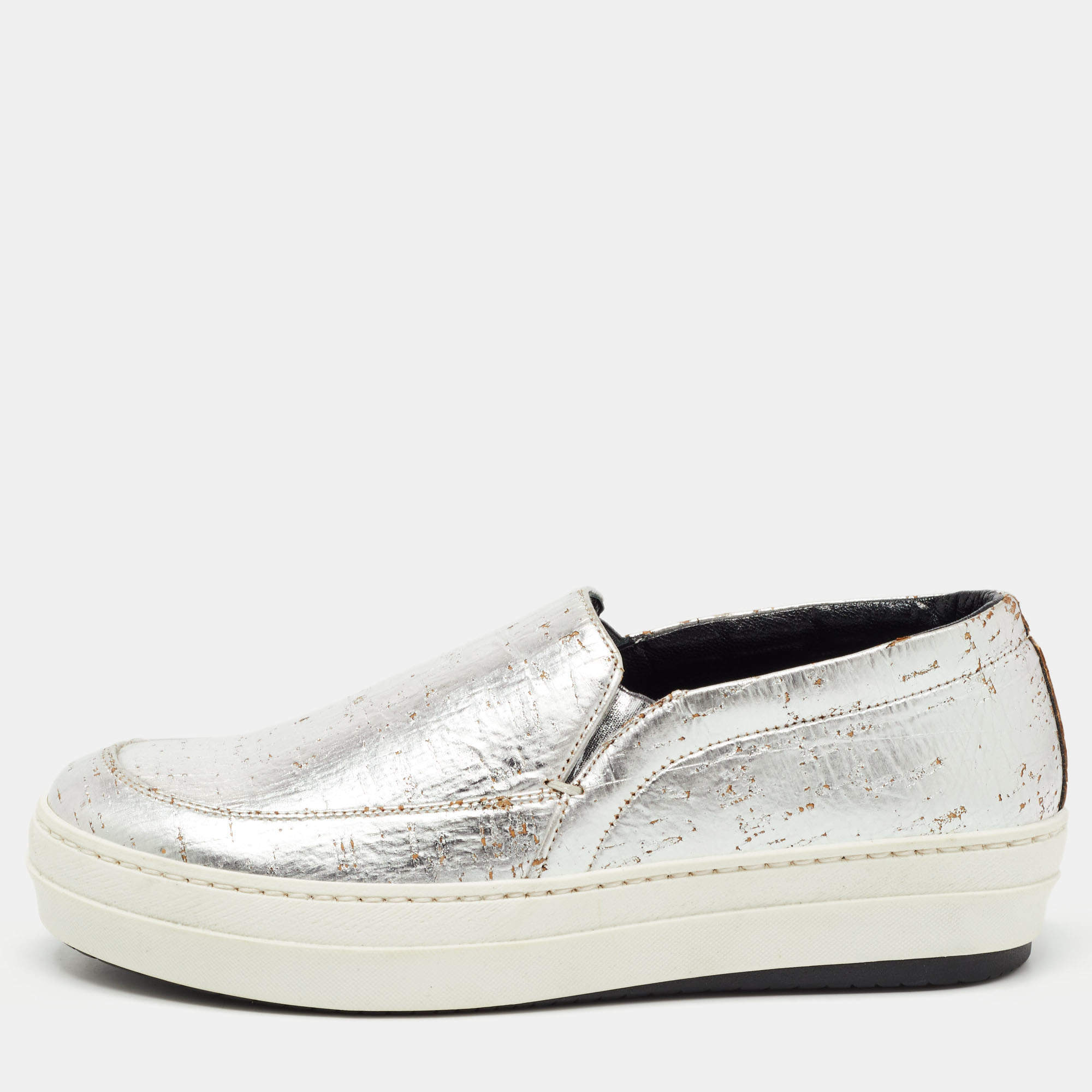 Pre Owned McQ by Alexander McQueen Silver Leather Low Top Sneakers Size 36