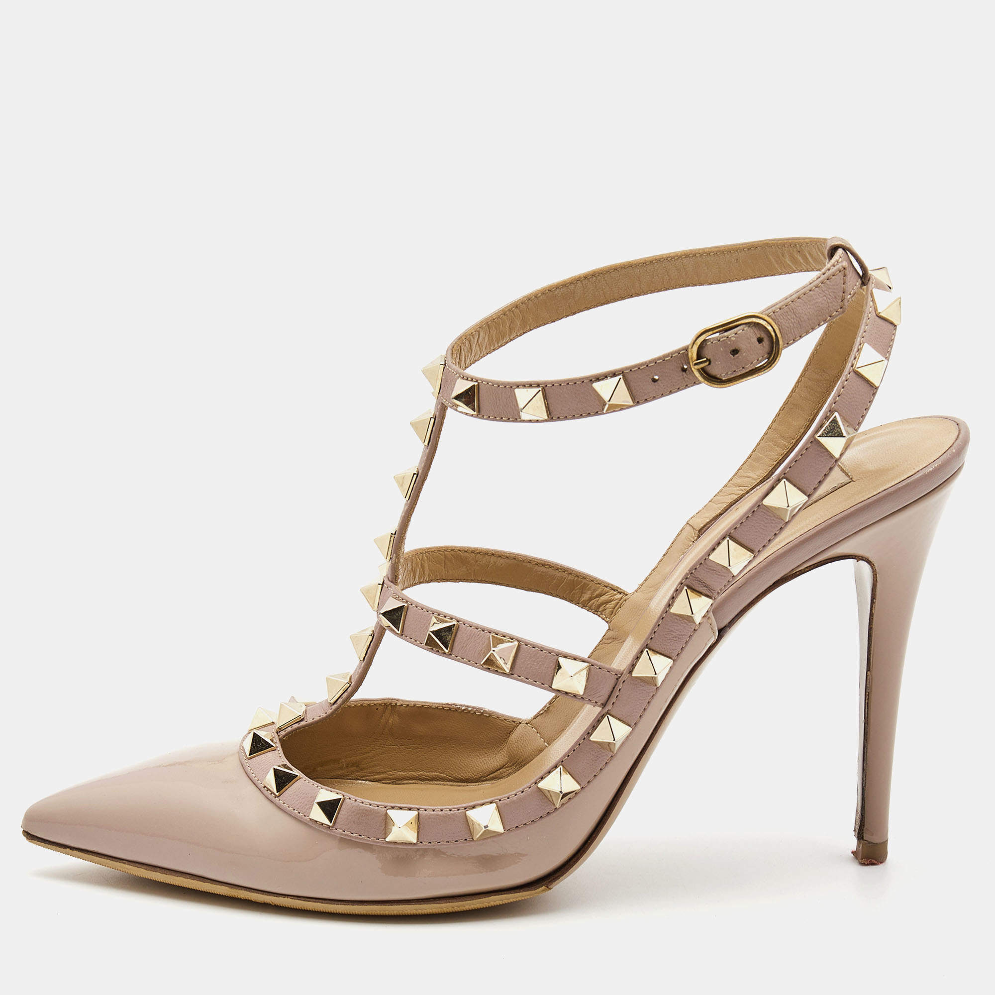 Pre Owned Valentino Dusty Pink Patent Leather Rockstud Strappy Pointed Toe Pumps Size 40