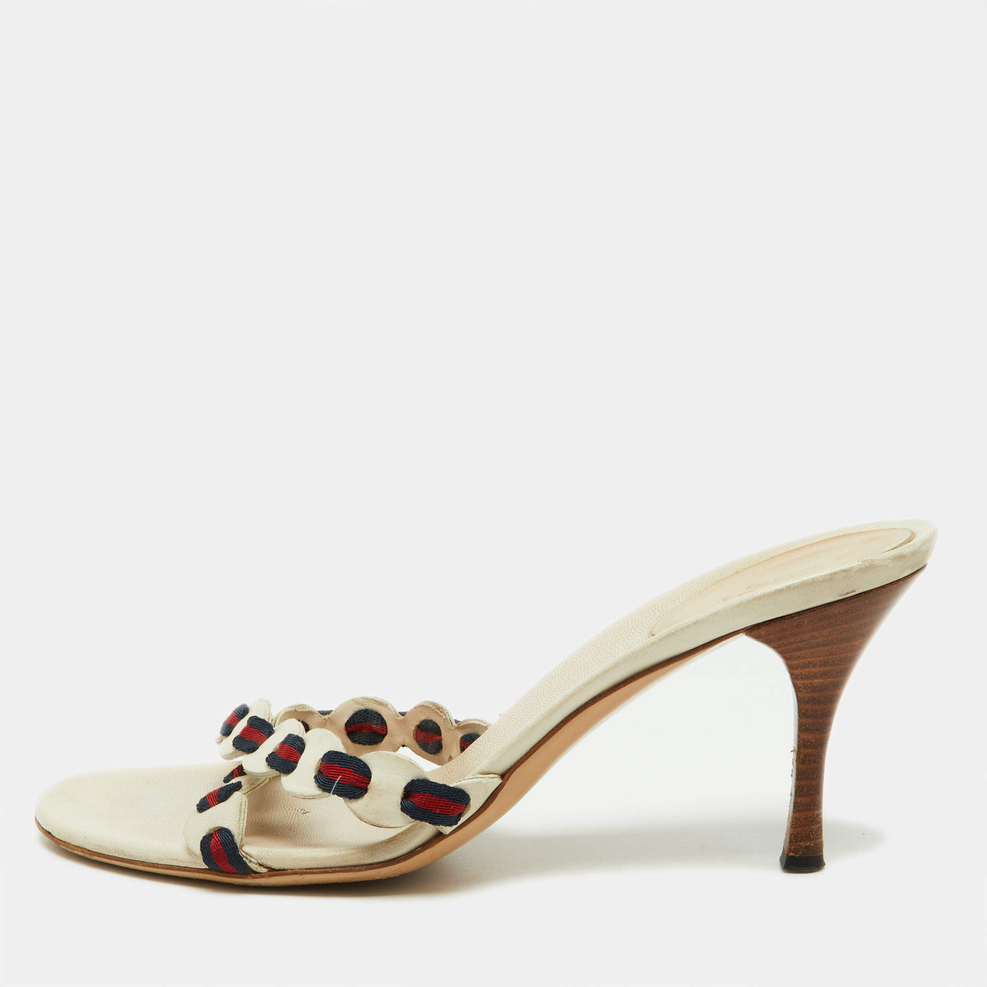 Gucci Off White Leather Cross Strap Web Slide Sandals Size 38