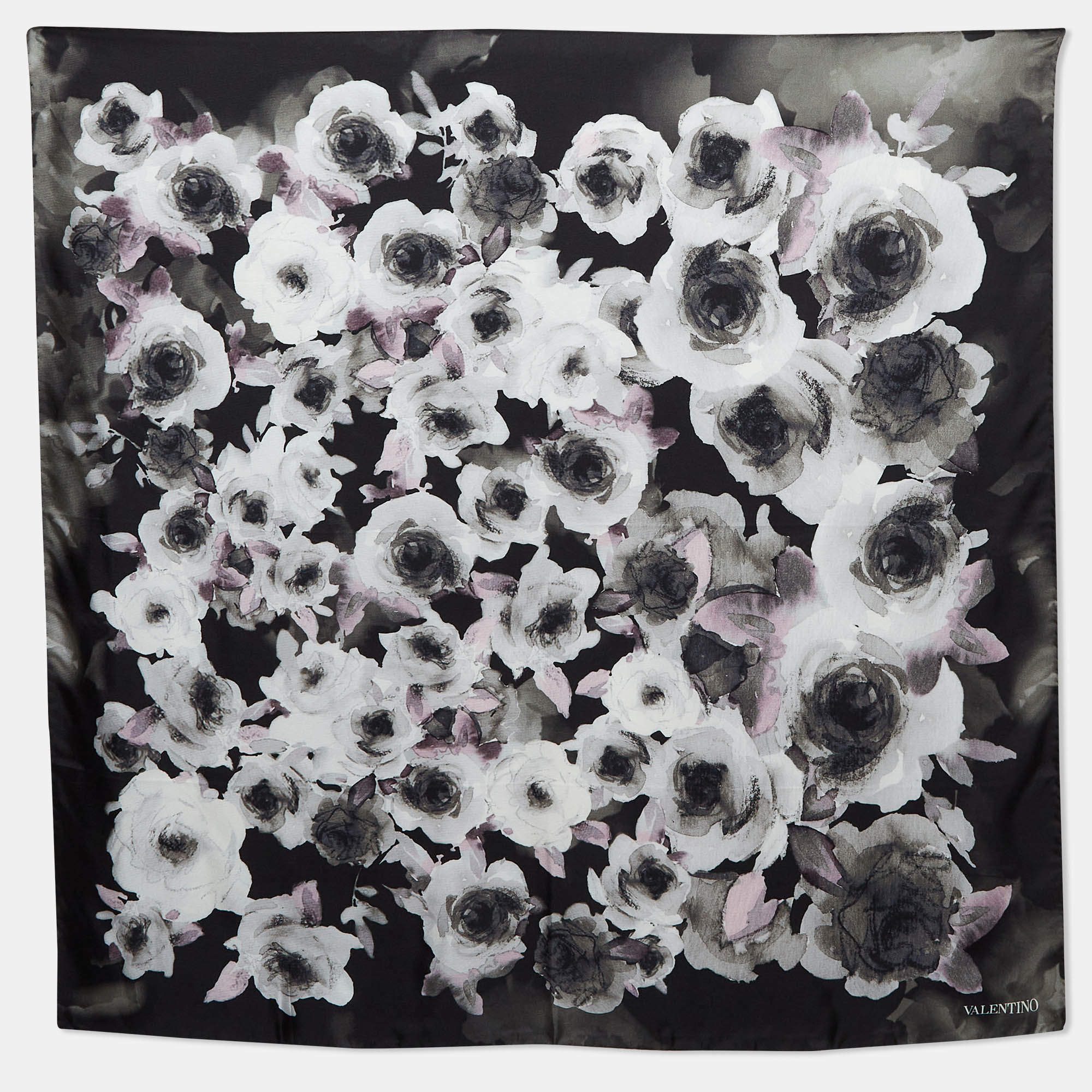 Pre Owned Valentino Black Floral Print Silk Square Scarf