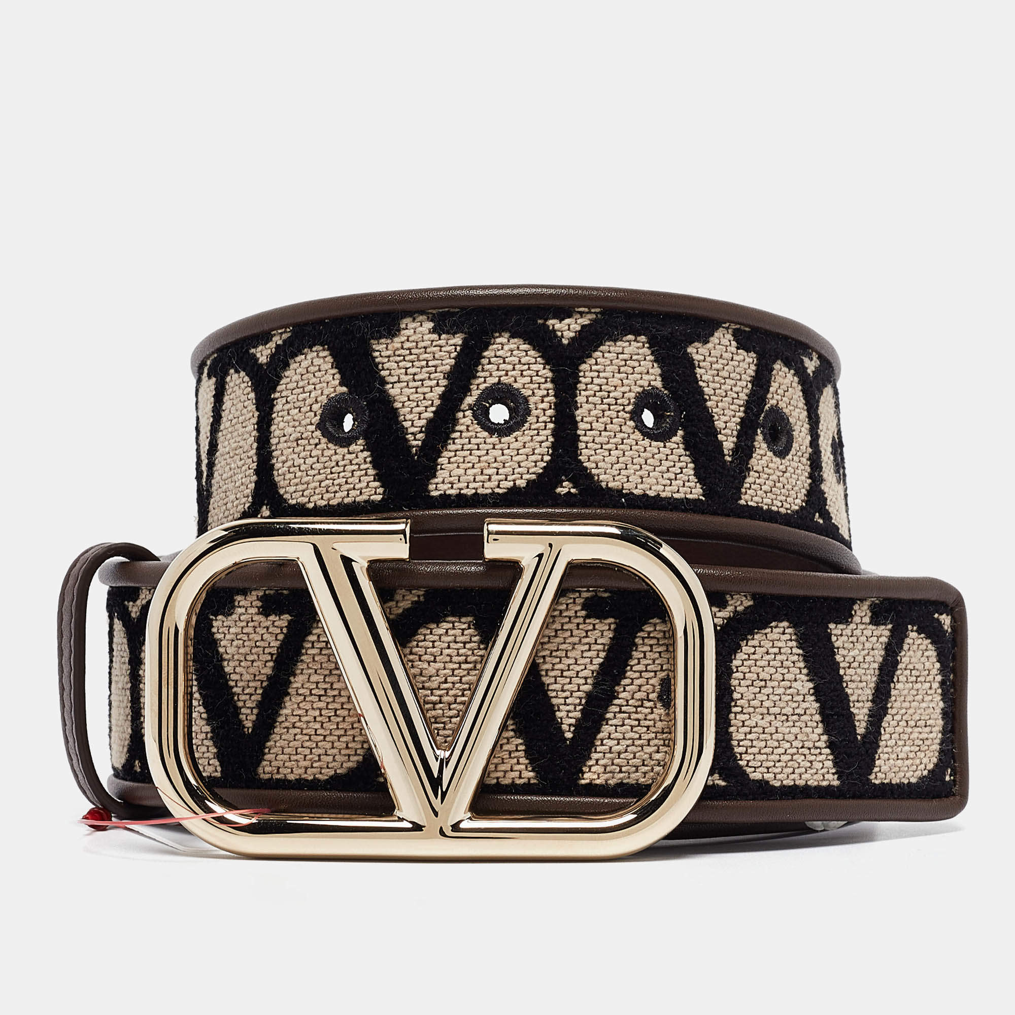 مملوكة مسبقًا Valentino Brown/Beige Iconographe Canvas and Leather VLogo Reversible Belt 75CM