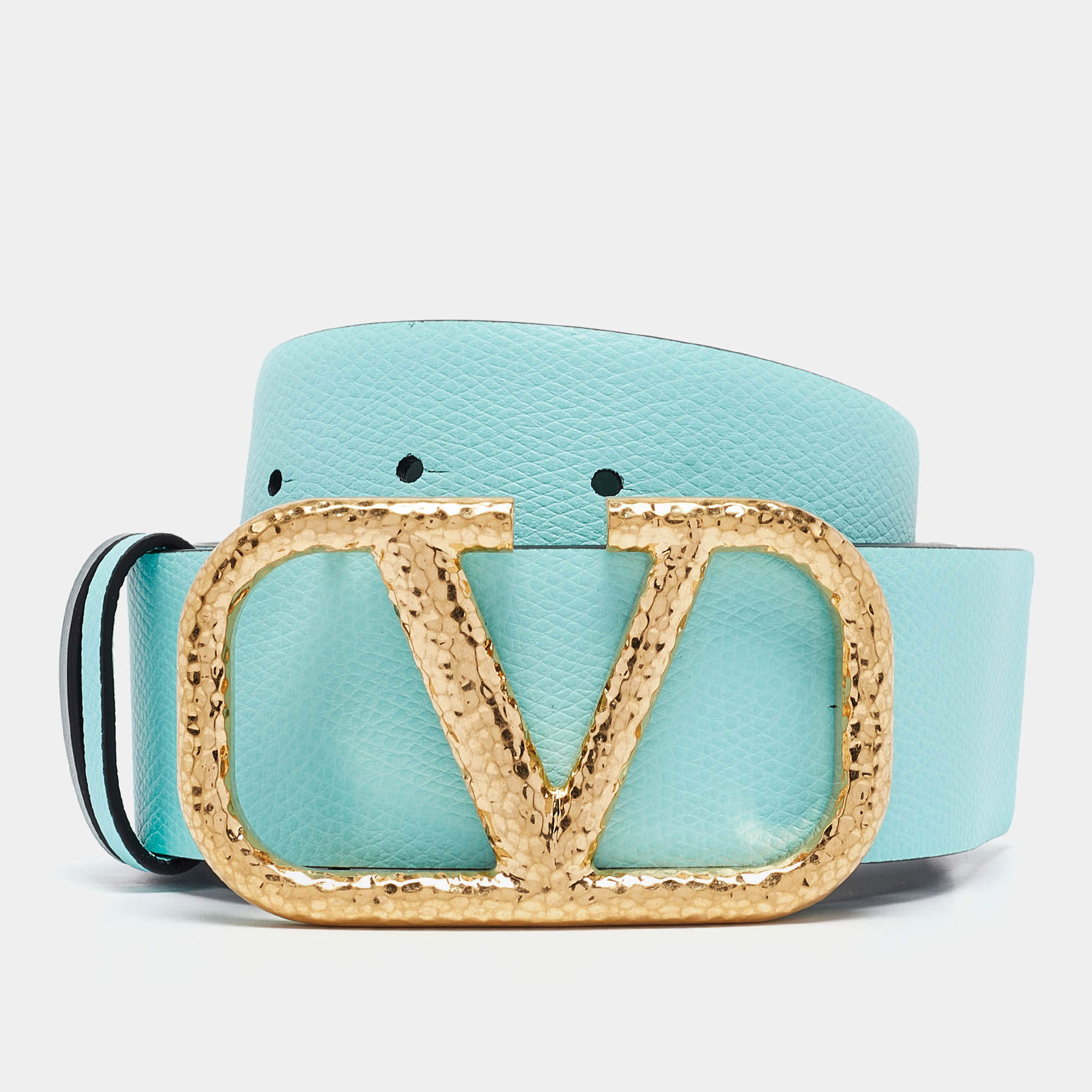 Pre Owned Valentino Green/Turquoise Leather VLogo Reversible Belt 100CM