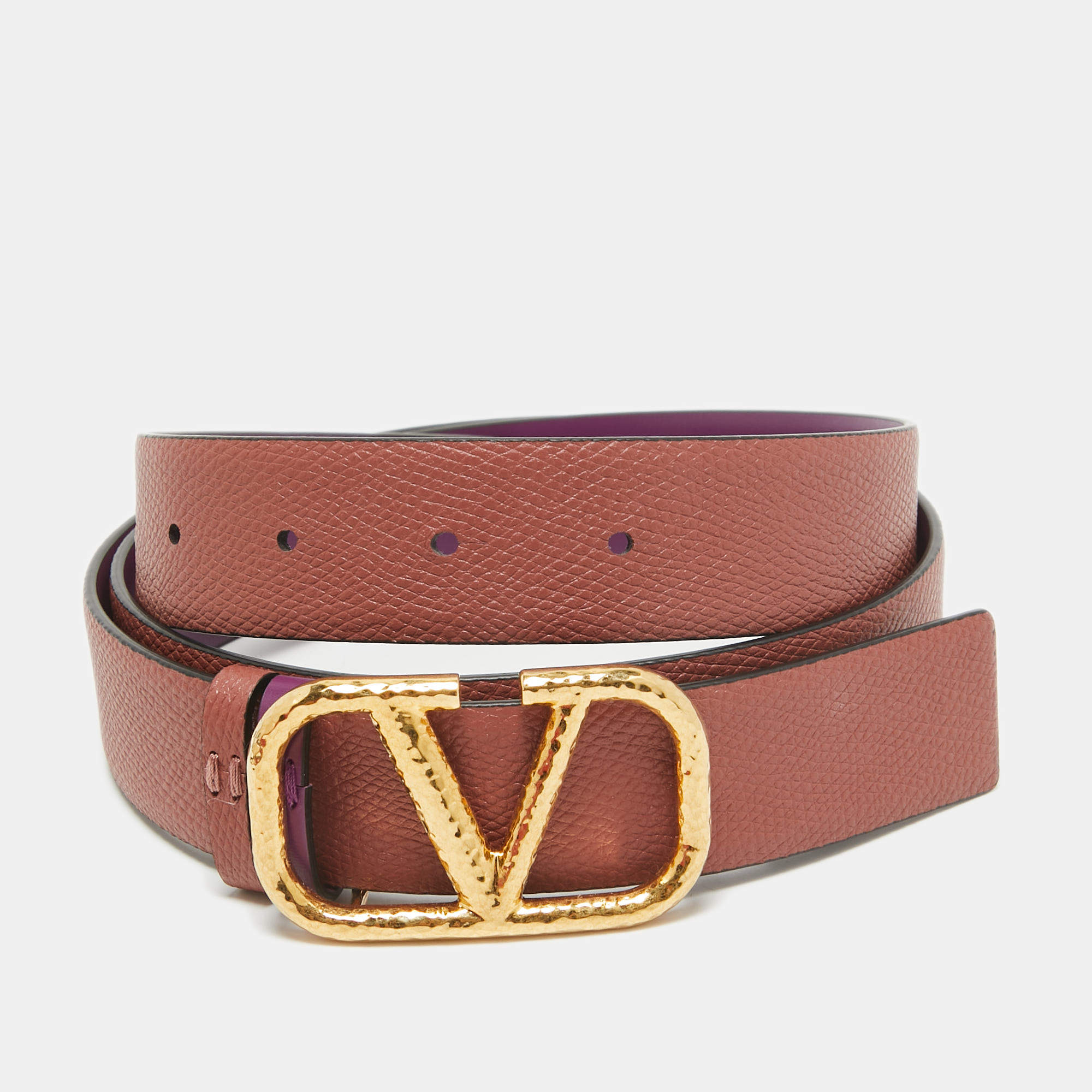 Pre Owned Valentino Clay Red/Purple Leather VLogo Reversible Waist Belt 90CM